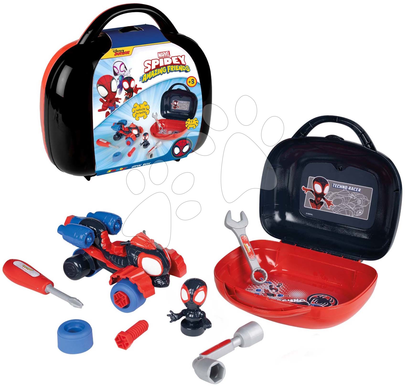 E-shop Kufrík s rozoberateľnou štvorkolkou Spidey Box Spin Marvel Smoby s pracovným náradím a figúrkou 17 dielov