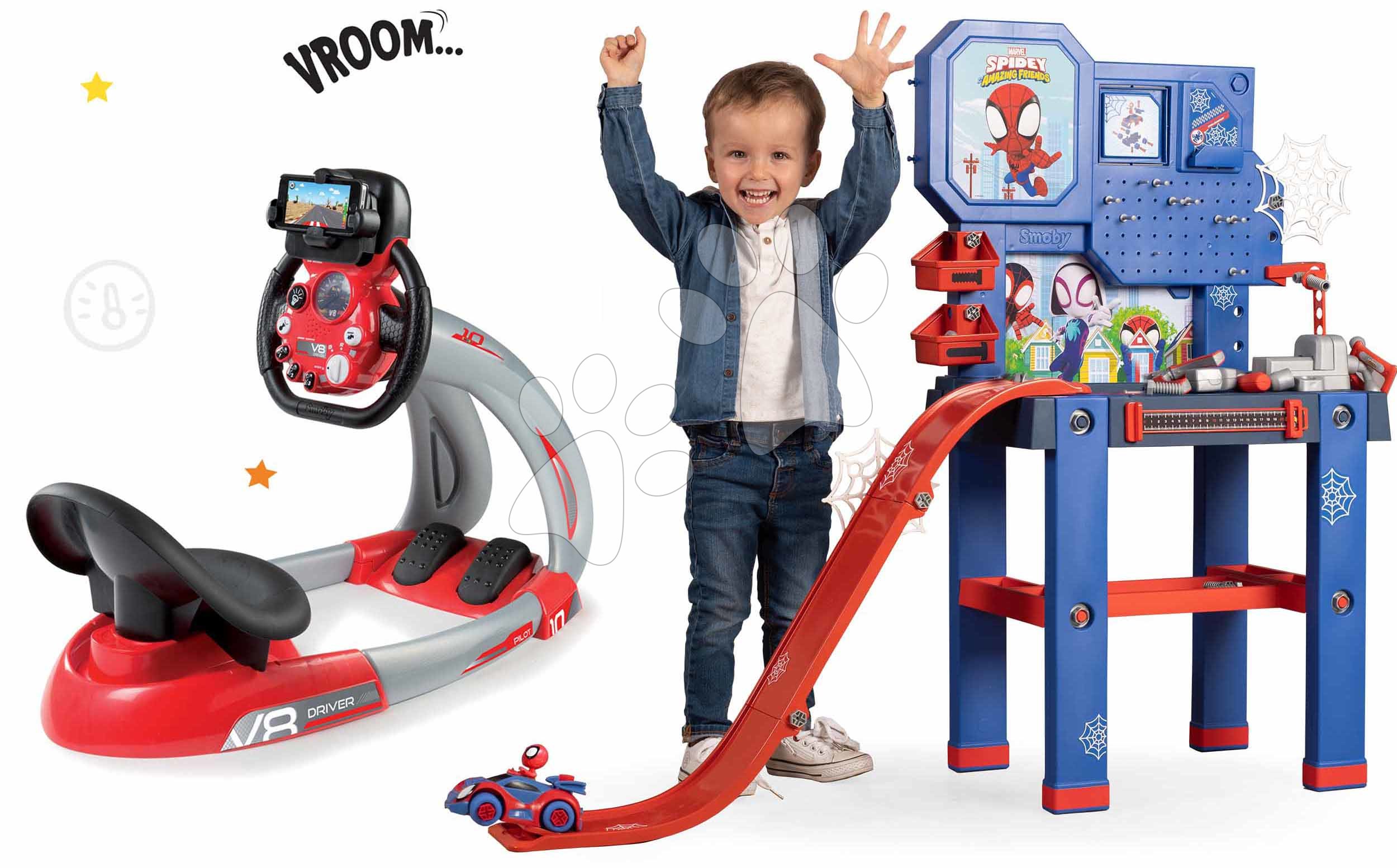 Set trenažér V8 Driver Smoby elektronický so zvukom a svetlom a pracovná dielňa Spidey