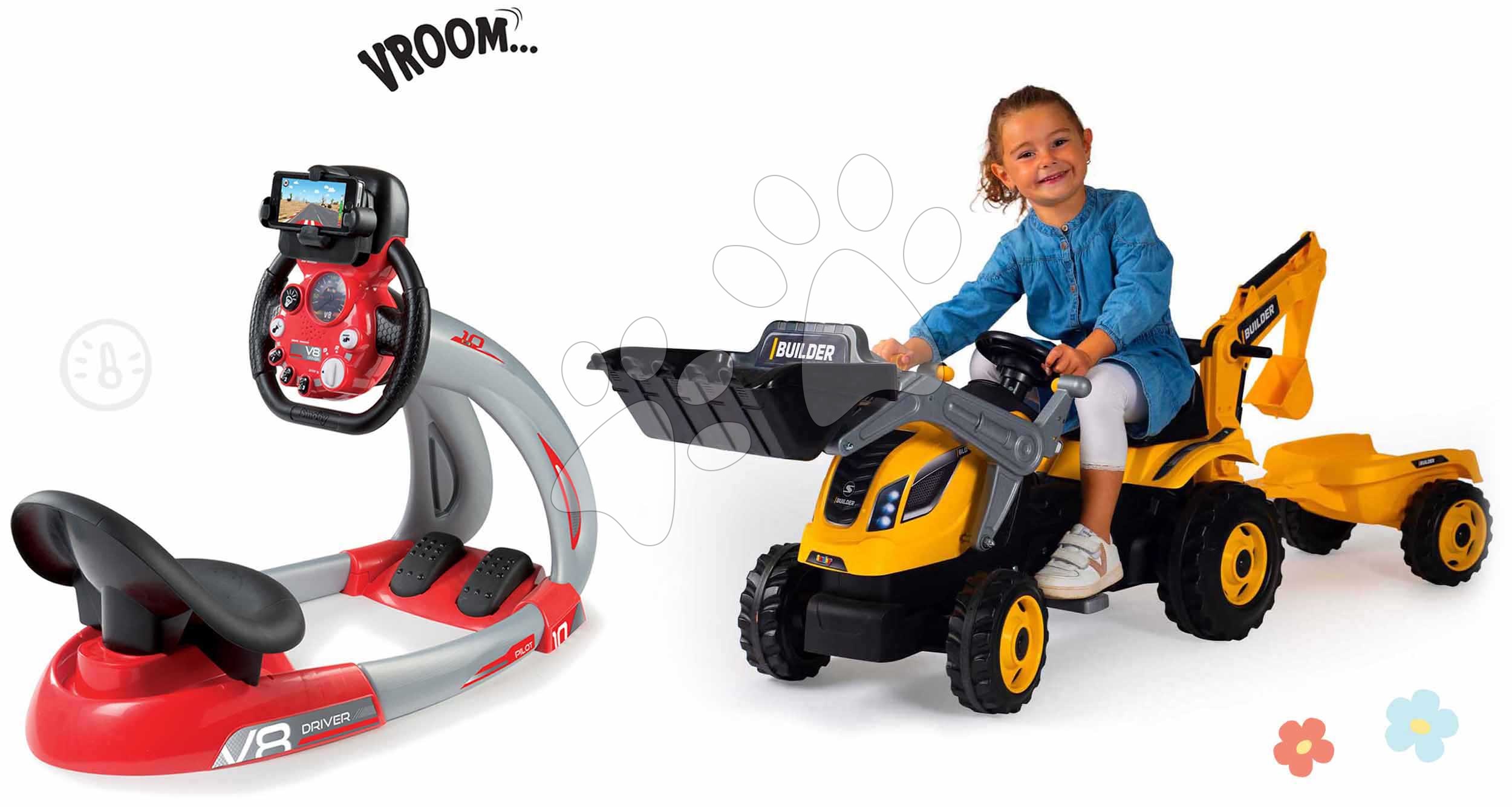 Set trenažér elektronický V8 Driver Smoby zvukem a světlem a traktor na šlapání s nakladačem a bagrem
