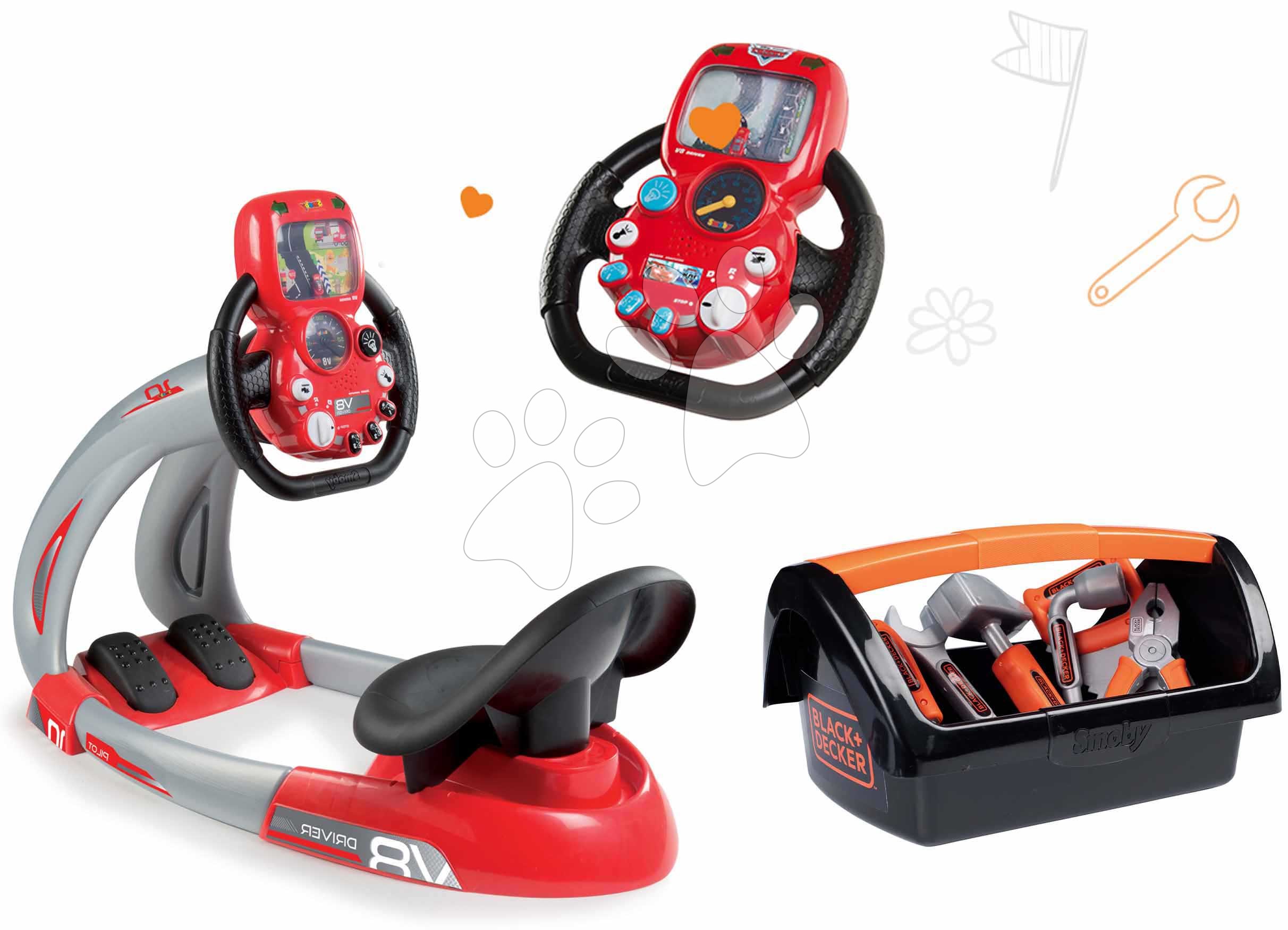 Set trenažér V8 Driver Smoby elektronický so zvukom a svetlom a kufrík s pracovným náradím Black&Decker