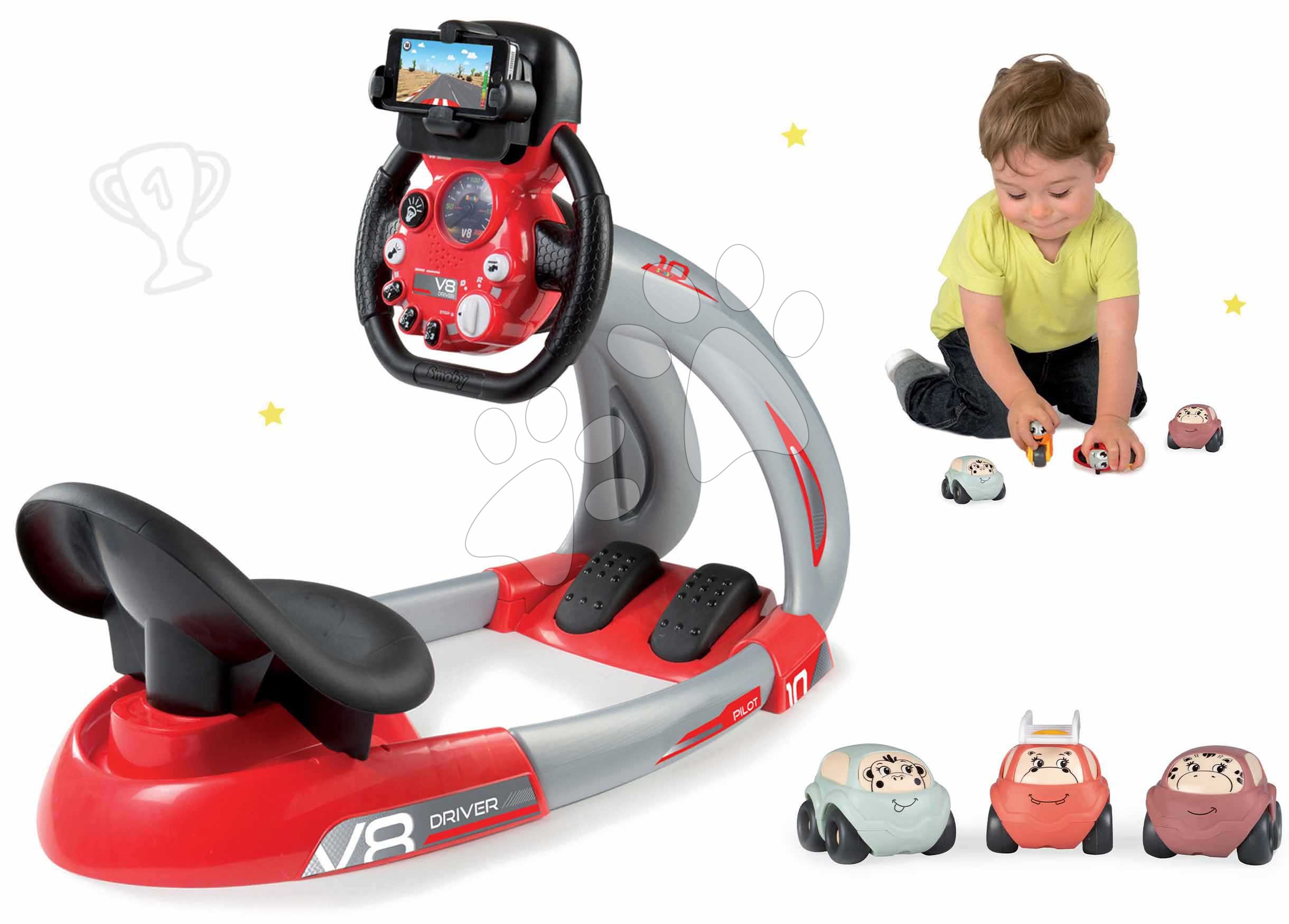 Set trenažér V8 Driver Smoby elektronický so zvukom a svetlom a kufrík s 3 autíčkami