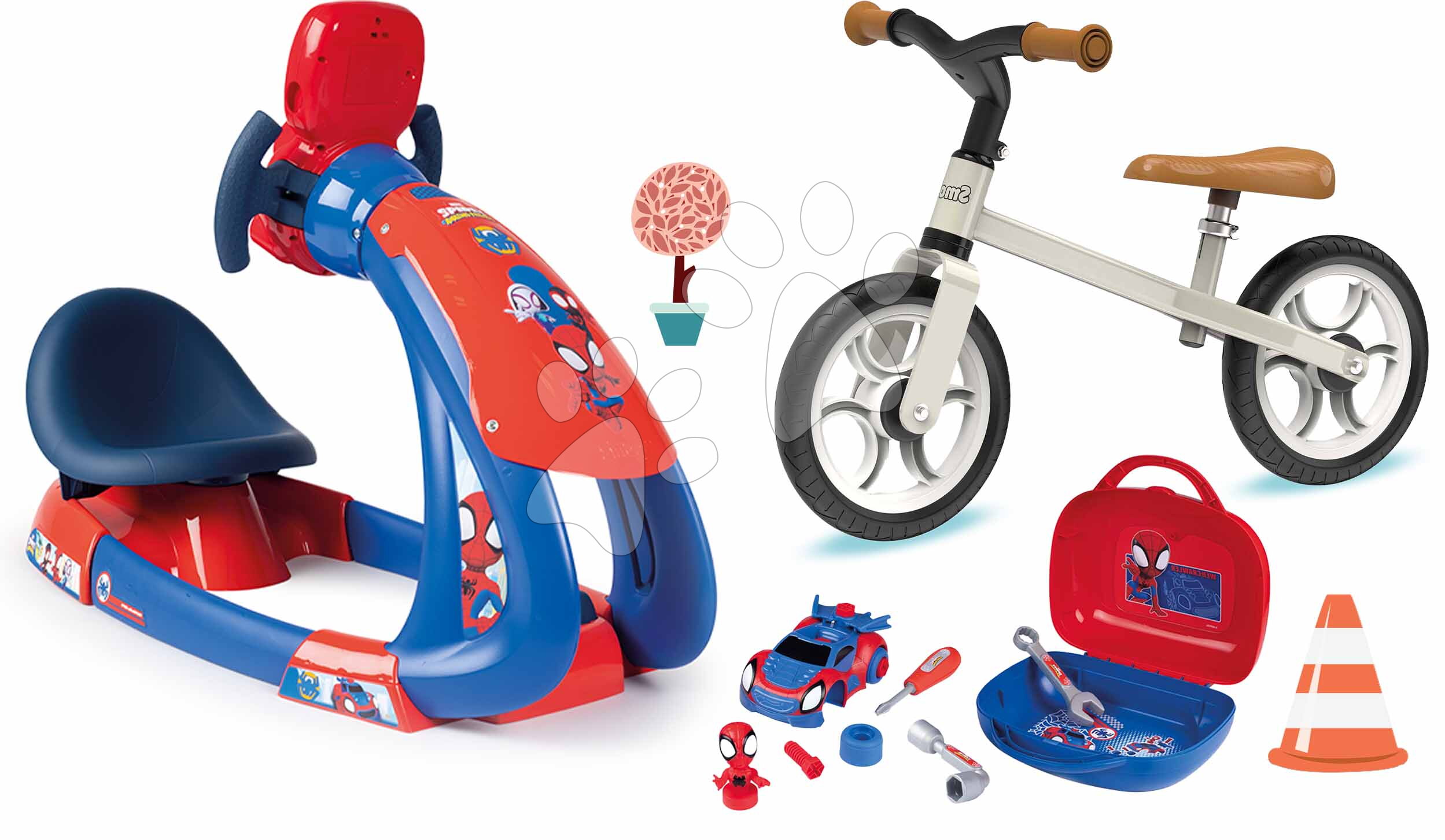 Set trenažér a balančné odrážadlo Spidey V8 Driver Marvel Smoby elektronický simulátor s kufríkom