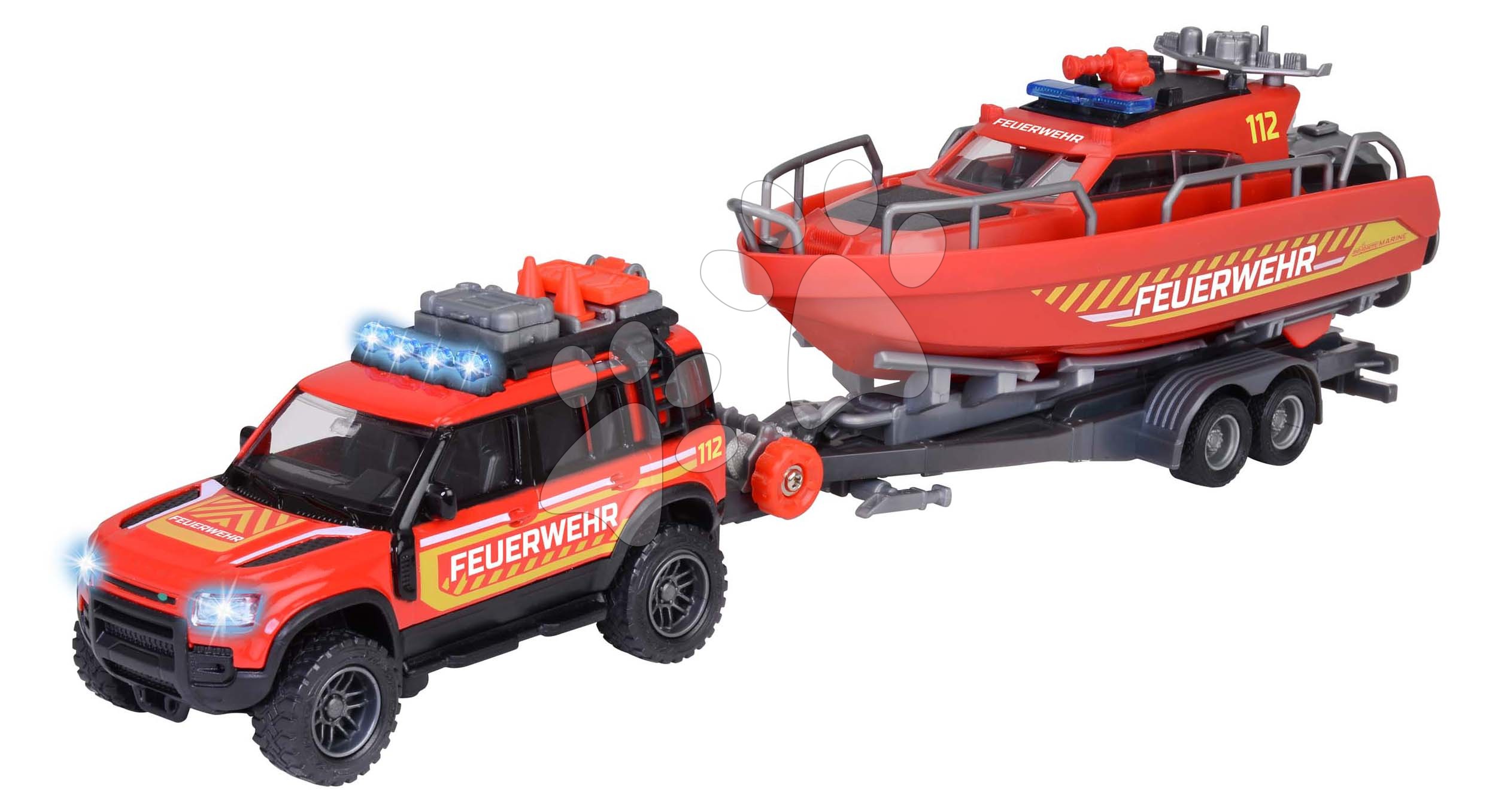 Tűzoltókocsi utánfutóval és mentőhajóval Land Rover Fire Rescue Majorette fém hanggal és fénnyel 33,5 cm hosszú