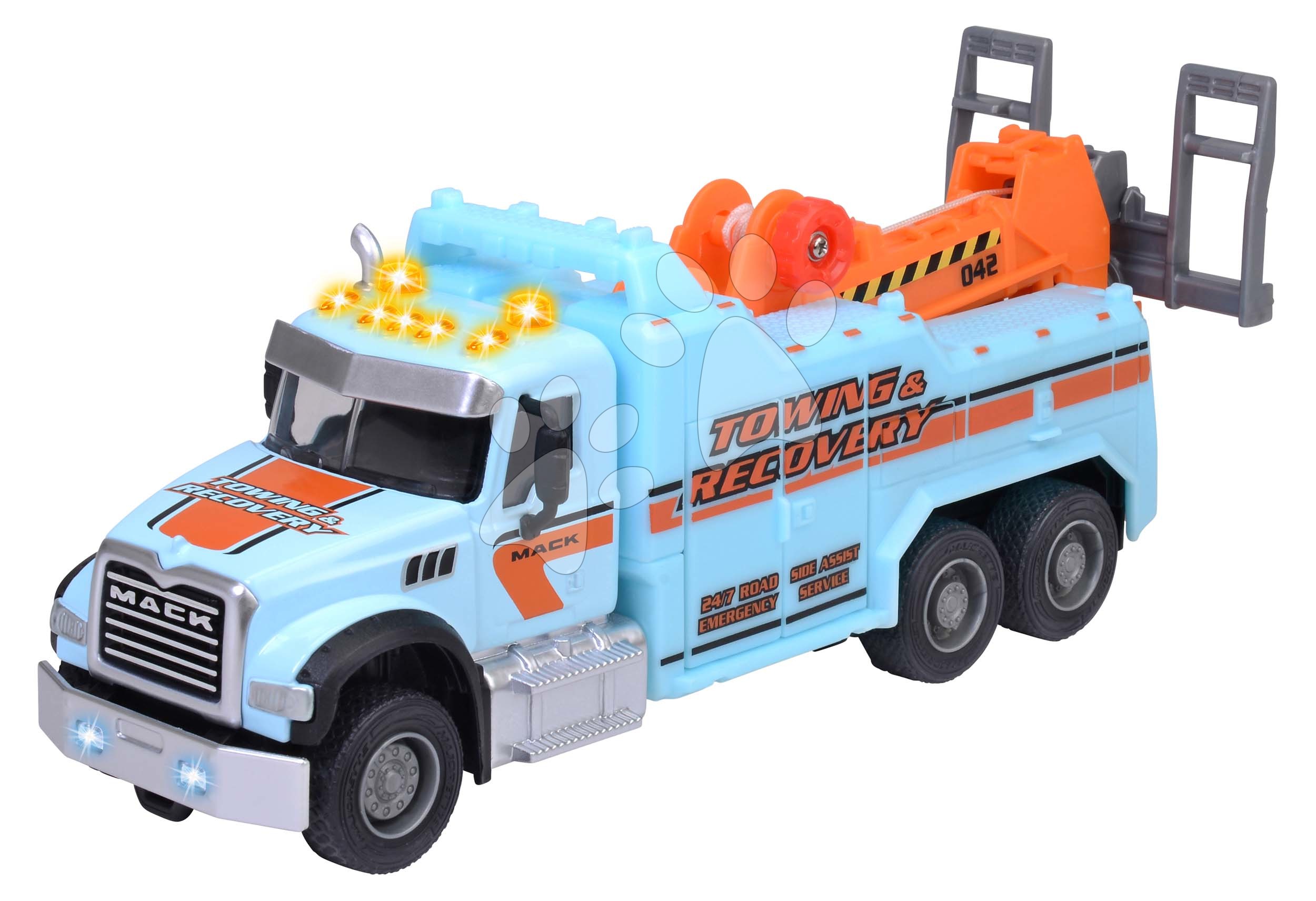 Vontatókocsi Mack Granite Tow Truck Majorette fém hanggal és fénnyel 22 cm hosszú