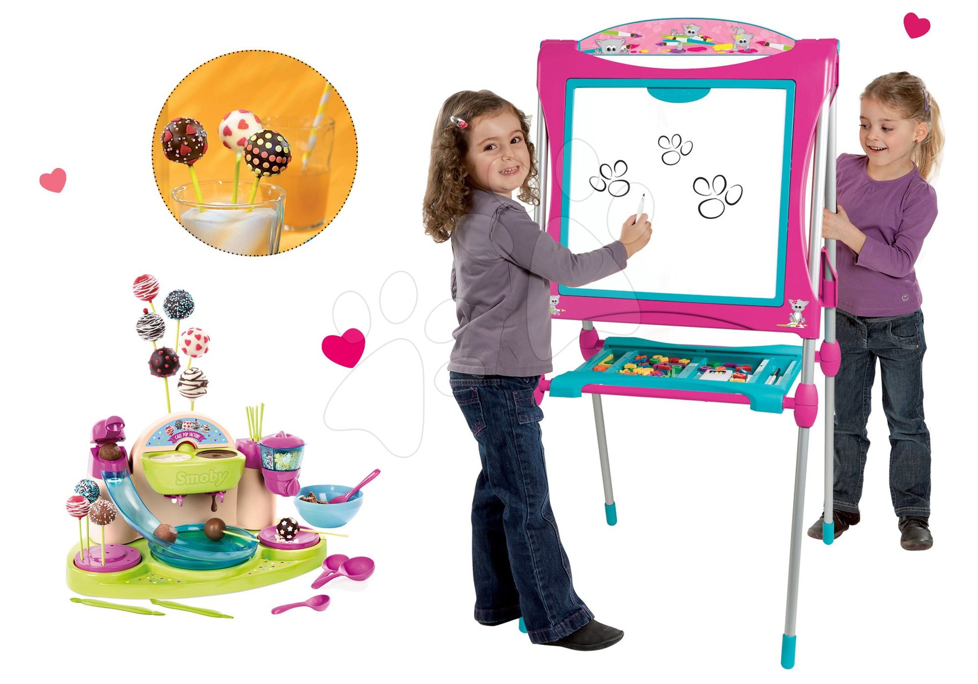Smoby set školská magnetická tabuľa ružová a Hravá kuchárka Cukráreň na výrobu čokoládových lízaniek 410102-3