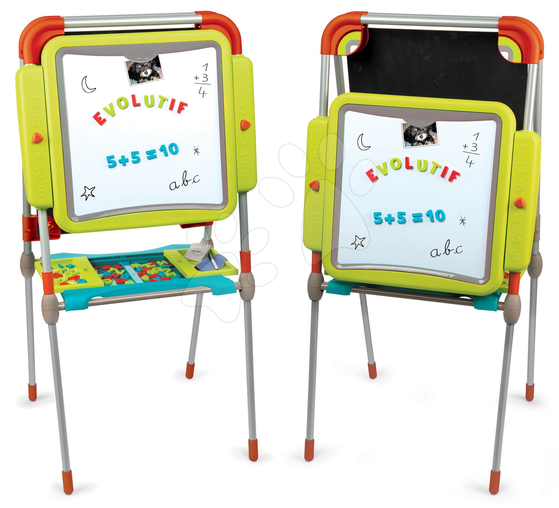 Školské tabule - Tabuľa na kreslenie a magnetky Evolutiv Board Smoby výškovo polohovateľná obojstranná s úložným priestorom a 80 doplnkov