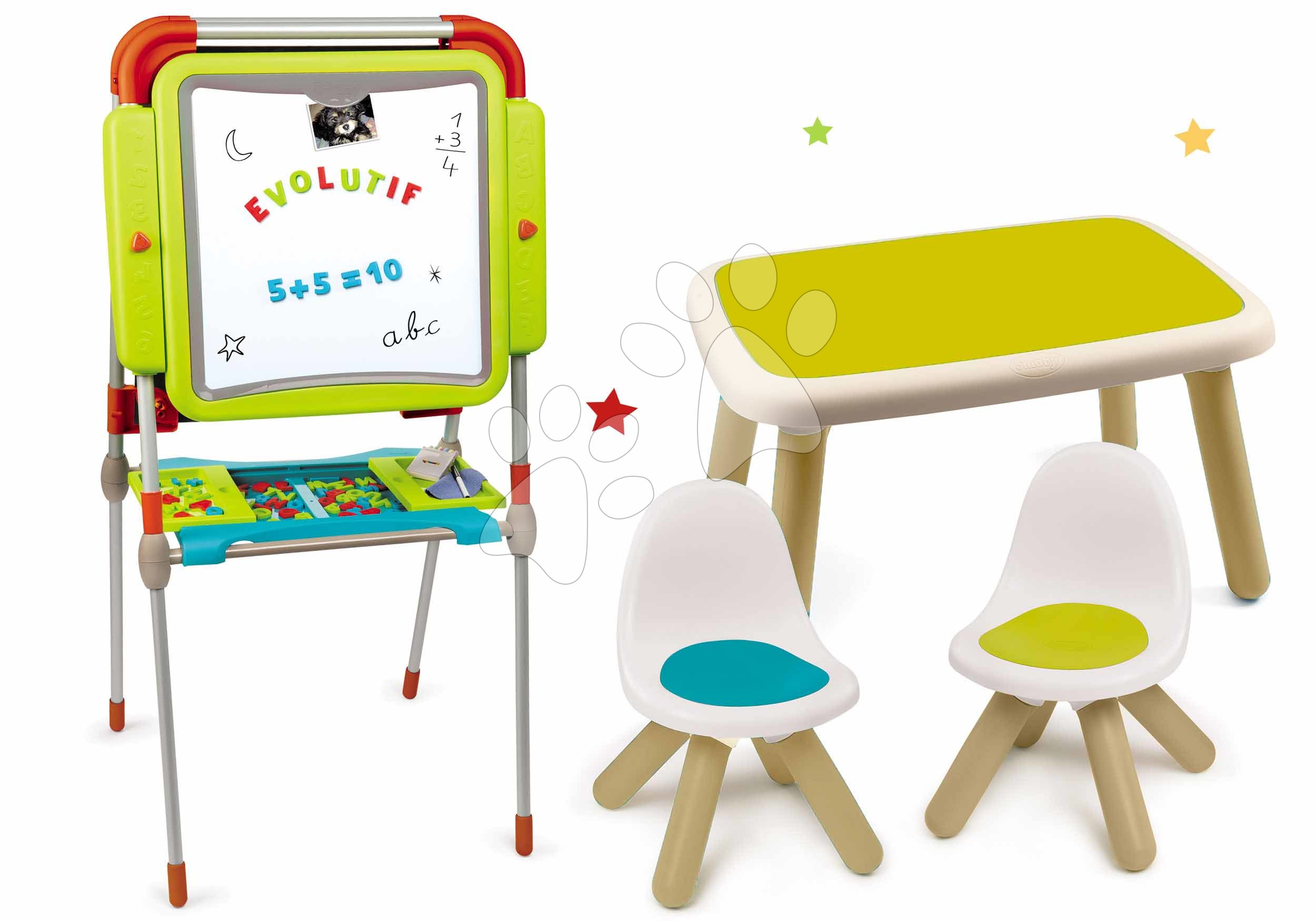 Tabule a lavice sety - Set tabuľa na kreslenie a magnetky Evolutiv Board Smoby nastaviteľná obojstranná a stôl a dve stoličky Kid