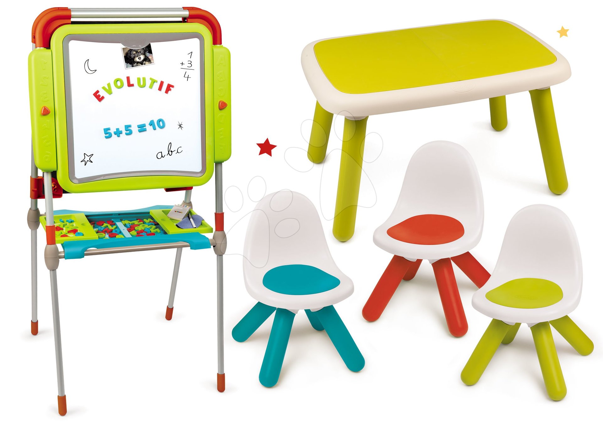 Set tabule na kreslení a magnetky Evolutive Board Smoby výškově polohovatelná oboustranná a stůl a tři židle Kid