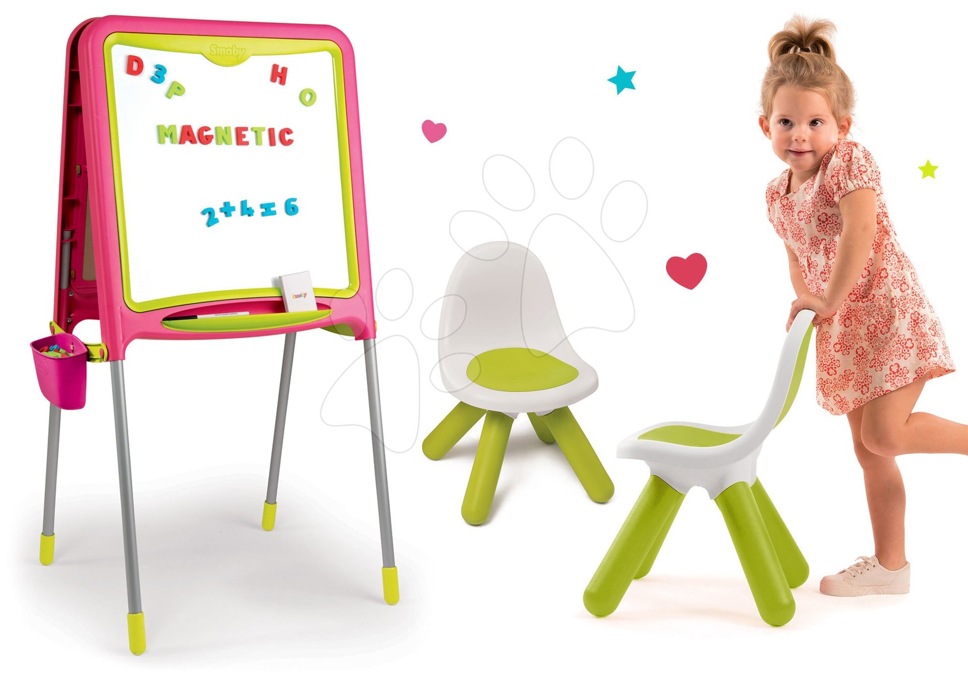 Smoby set školní tabule magnetická oboustranná s 80 doplňky a dvě židle KidChair zelené 410303-2