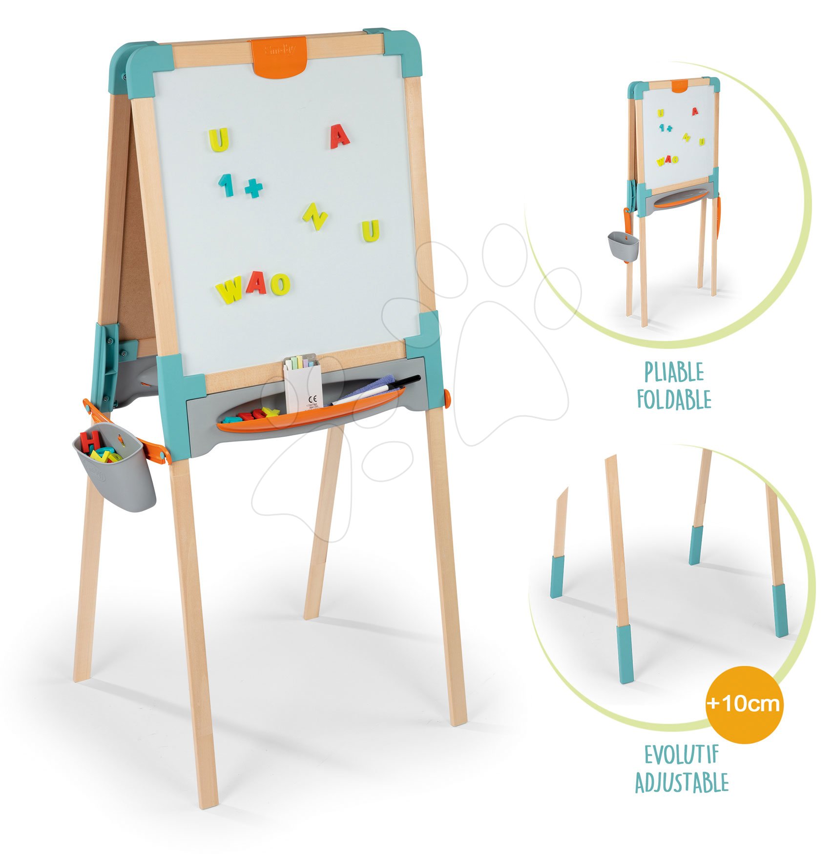 Fa tanulótábla kétoldalas Wooden Easel Smoby mágneses/krétára összecsukható 80 kiegészítővel