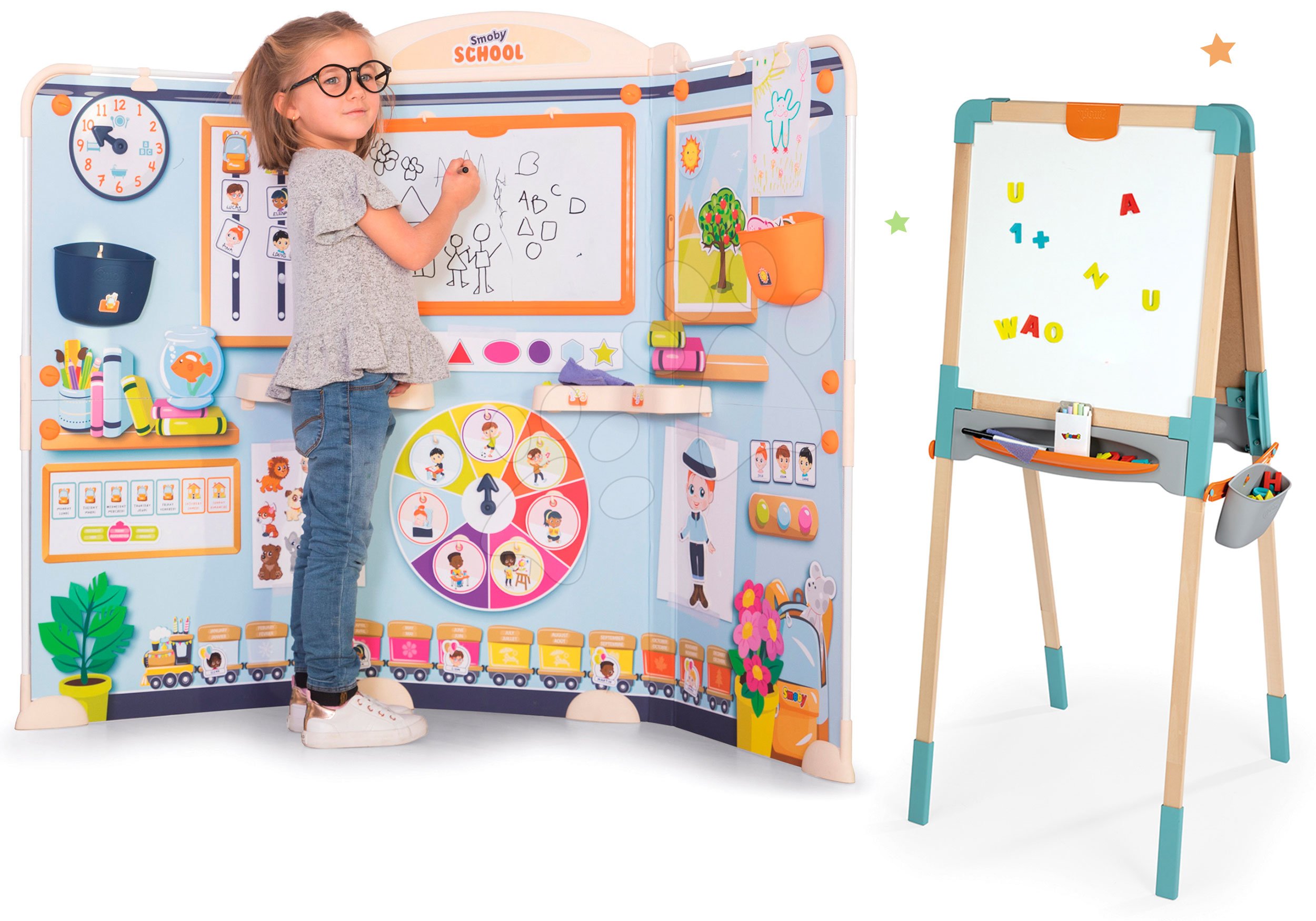 Set škola pre škôlkárov School Smoby Hra na učiteľa a žiaka s drevenou obojstrannou tabuľou magnetickou a na kriedu