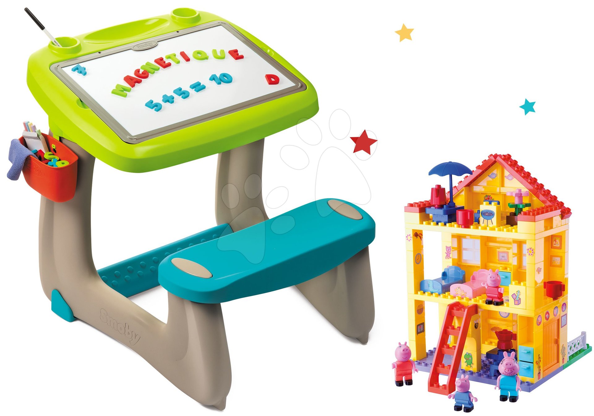 Set lavice na kreslení a magnetky Little Pupils Desk Smoby s oboustrannou tabulí a stavebnice Peppa 