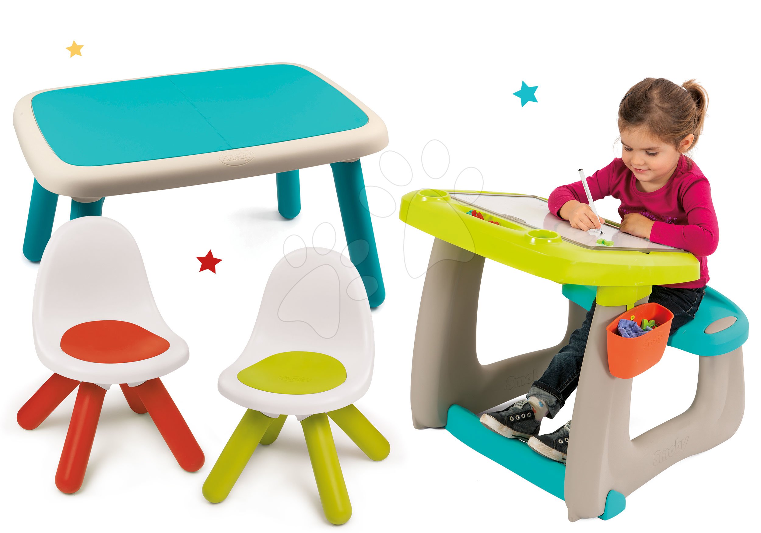 Set lavica na kreslenie a magnetky Little Pupils Desk Smoby s obojstrannou tabuľou a stôl s dvoma stoličkami Kid