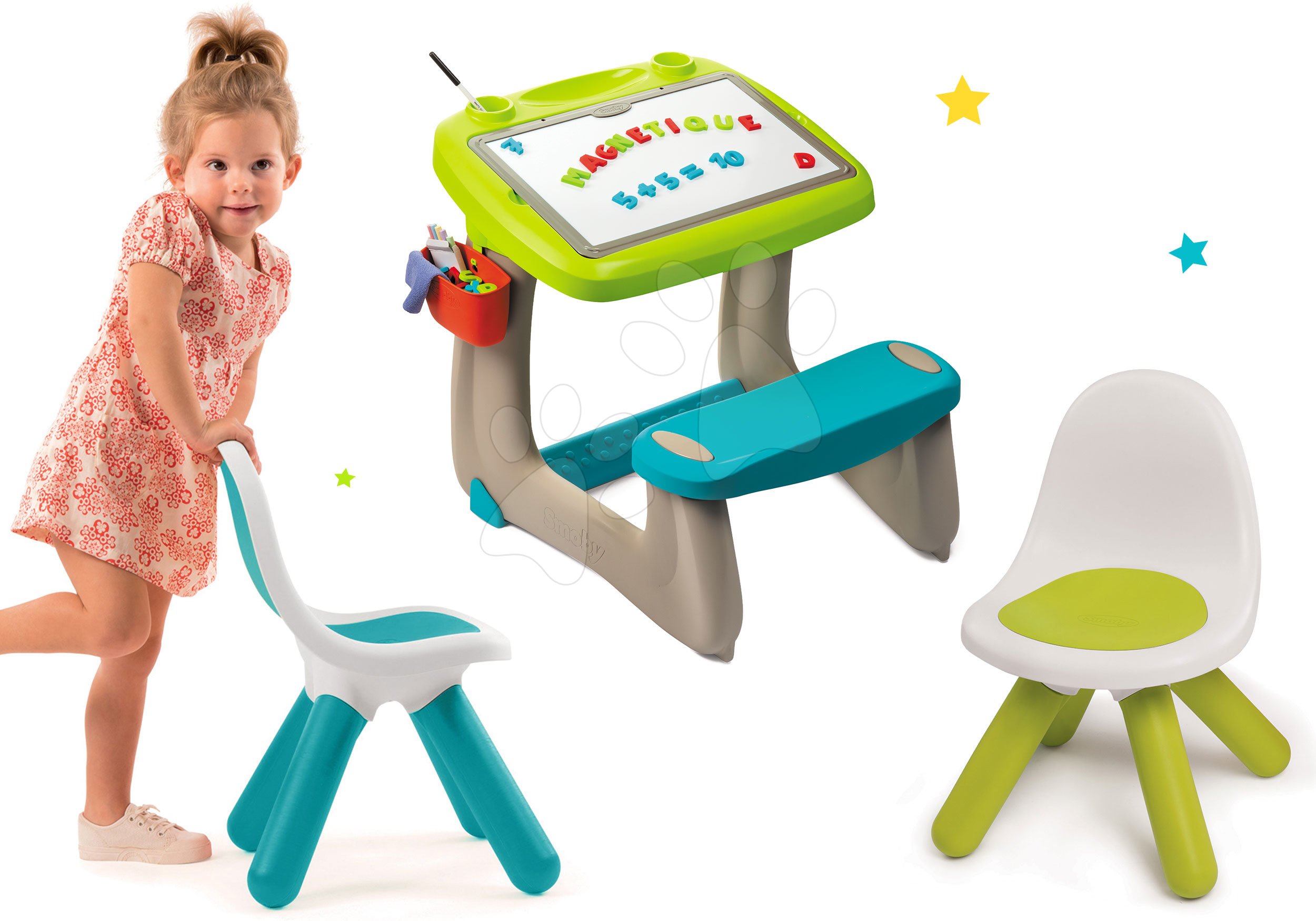 Smoby set detská lavica s obojstrannou tabuľou Activity a 2 stoličky KidChair zelená a modrá 420101-1
