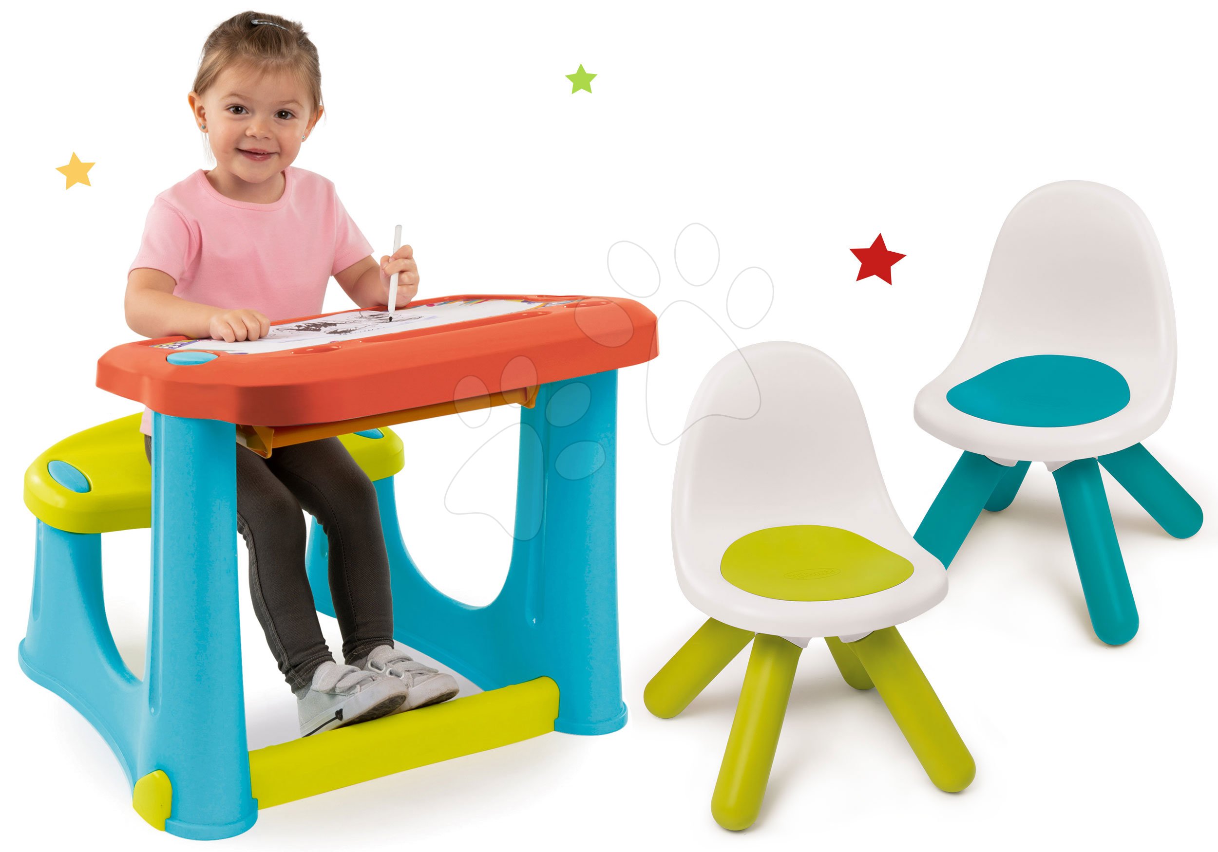 Set lavica na kreslenie Magic Desk Smoby Kresli a zmaž modrá a dve stoličky Kid