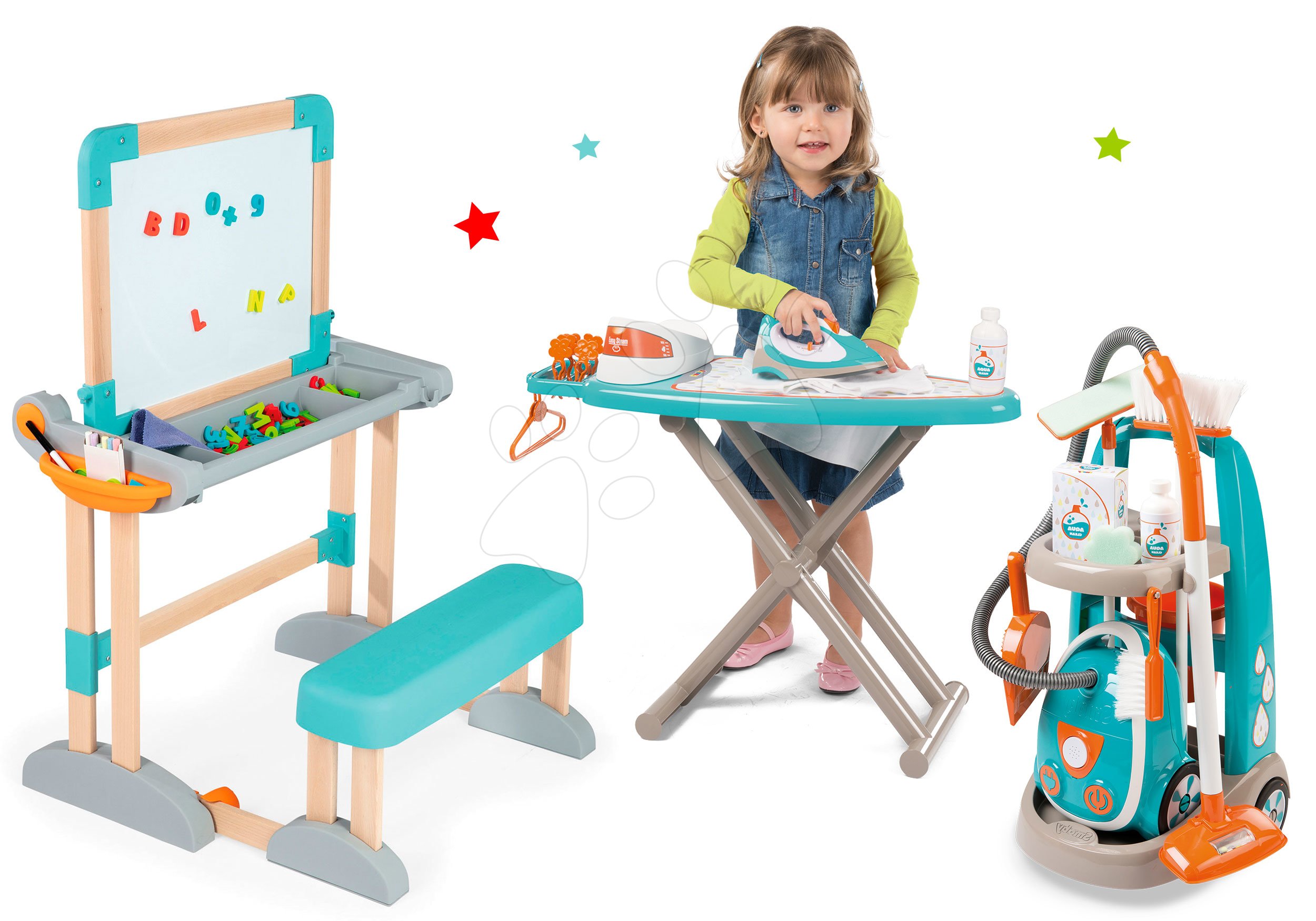Smoby set drevená lavica Modulo Space s obojstrannou tabuľou a prebaľovací vozík pre bábiku Baby Nurse 28112-10