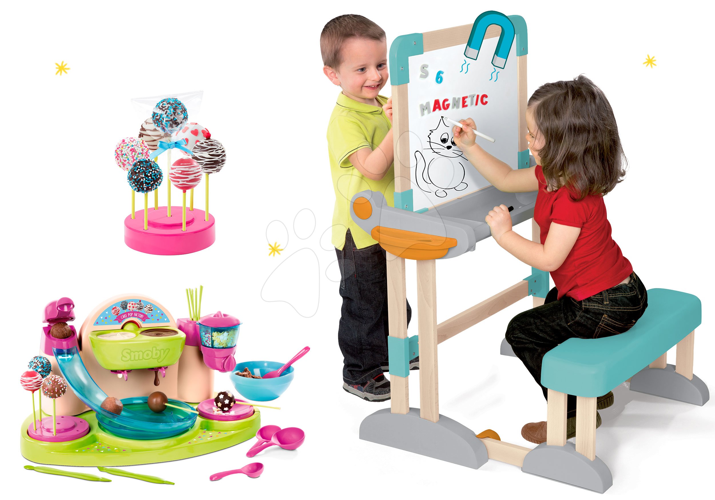 Smoby set drevená lavica Modulo Space s obojstrannou tabuľou a hravá kuchárka Cukráreň 28112-7