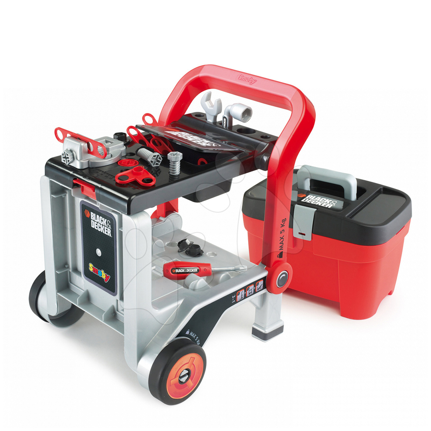 Smoby pracovní vozík Black&Decker Devil Workmate 3v1 a kufřík s nářadím 500187 červeno-černý