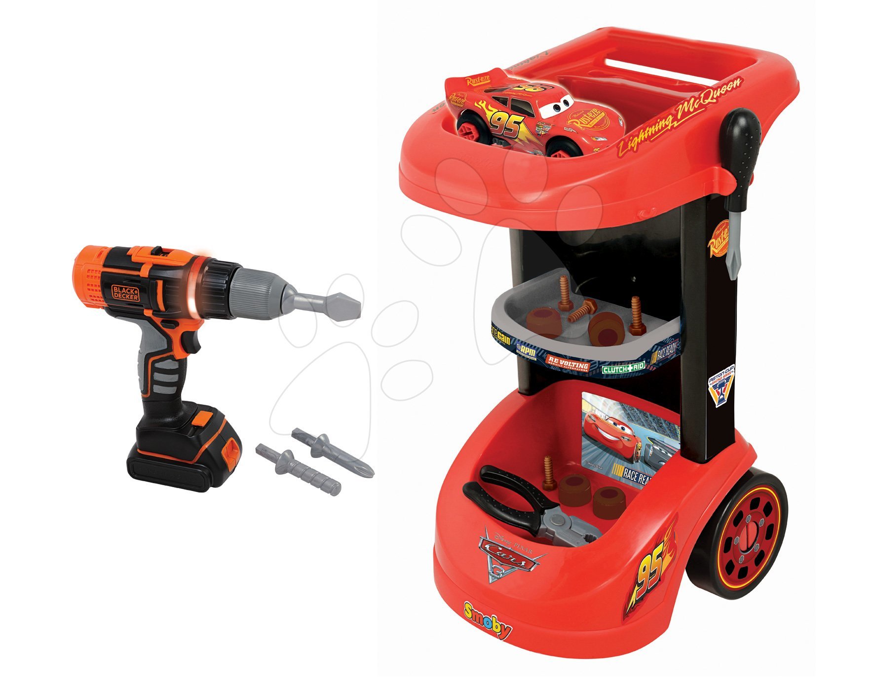 Pracovná detská dielňa - Pracovný vozík Autá Smoby s autom McQueen, mechanickou vŕtačkou a 15 doplnkami