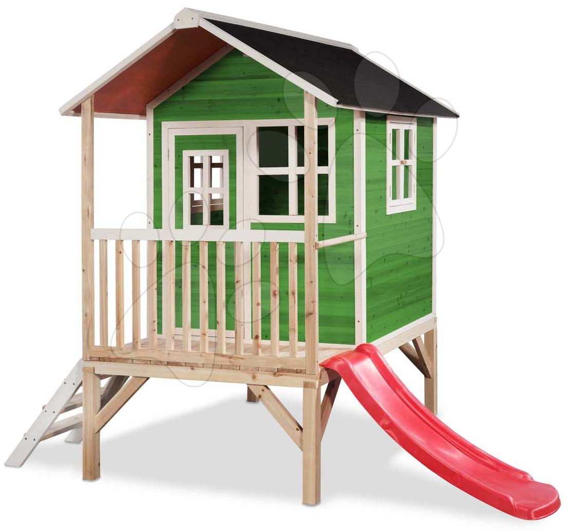 Domček cédrový na pilieroch Loft 300 Green Exit Toys s vodeodolnou strechou a šmykľavkou zelený