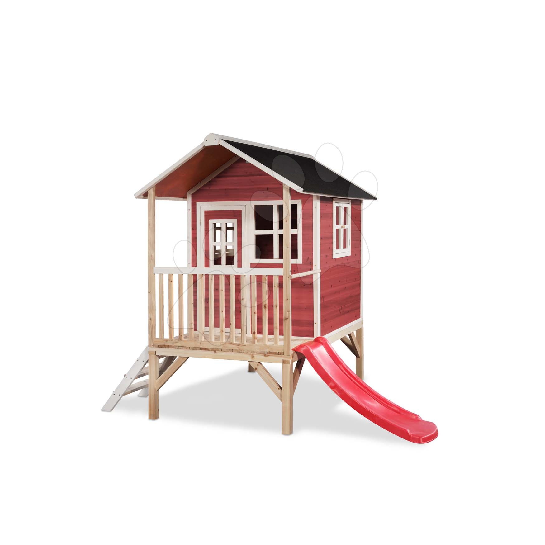 Házikó pilléreken cédrusból Loft 300 Red Exit Toys vízhatlan tetővel és csúszdával piros