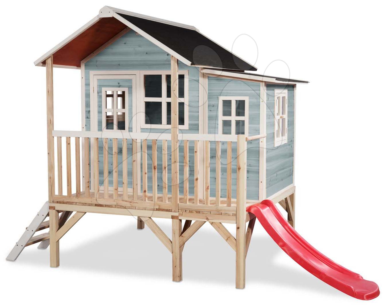 Domček cédrový na pilieroch Loft 350 Blue Exit Toys veľký s vodeodolnou strechou a šmykľavkou modrý