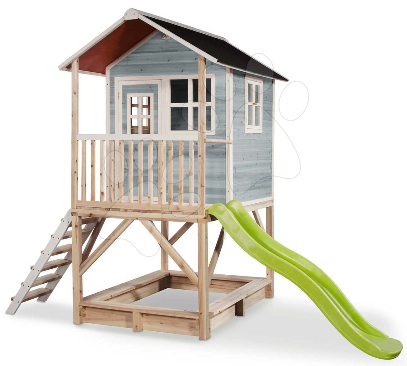 Domček cédrový na pilieroch Loft 500 Blue Exit Toys s vodeodolnou strechou pieskoviskom a 1,75 m šmykľavkou modrý