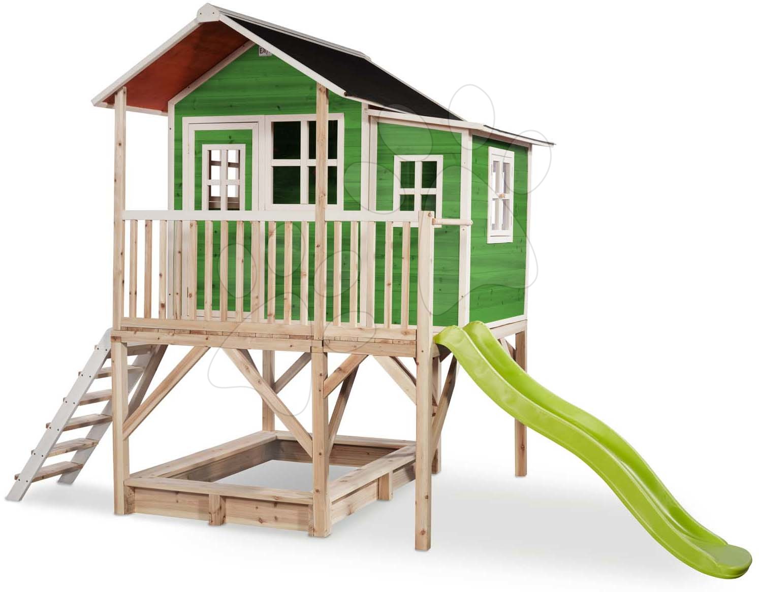 Domček cédrový na pilieroch Loft 550 Green Exit Toys veľký s vodeodolnou strechou pieskoviskom a 1,75 m šmykľavkou zelený