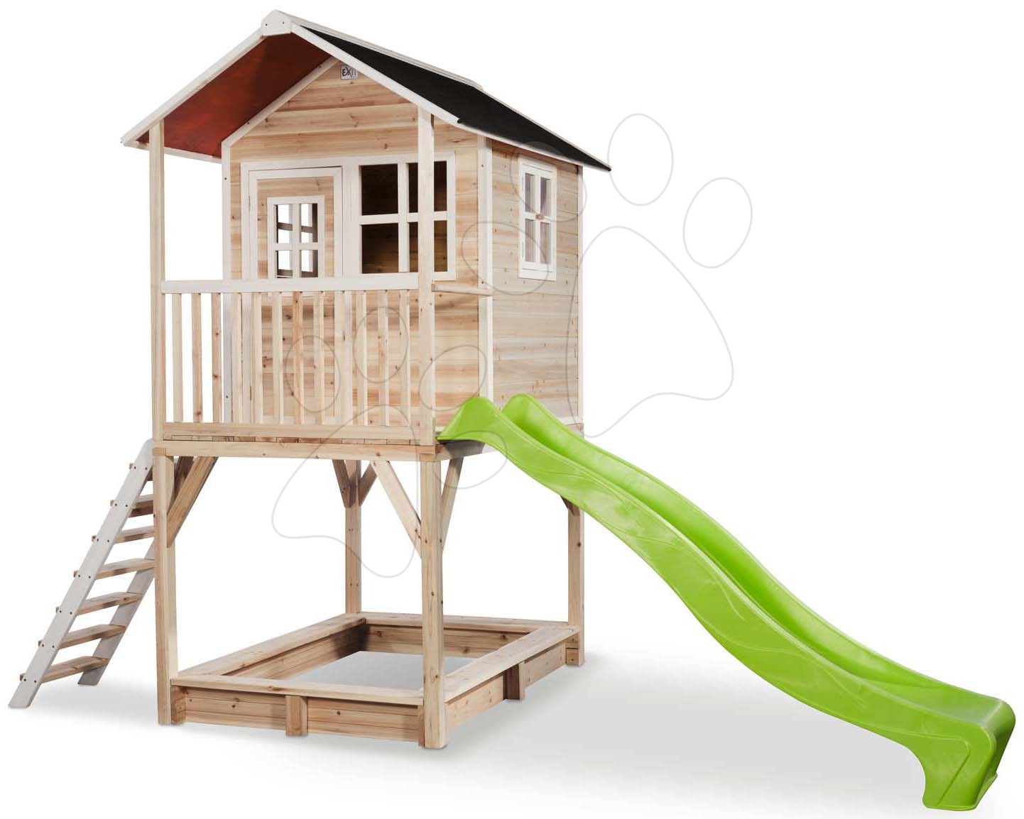 Domček cédrový na pilieroch Loft 700 Natural Exit Toys s vodeodolnou strechou pieskoviskom a 2,28 m šmykľavkou prírodný