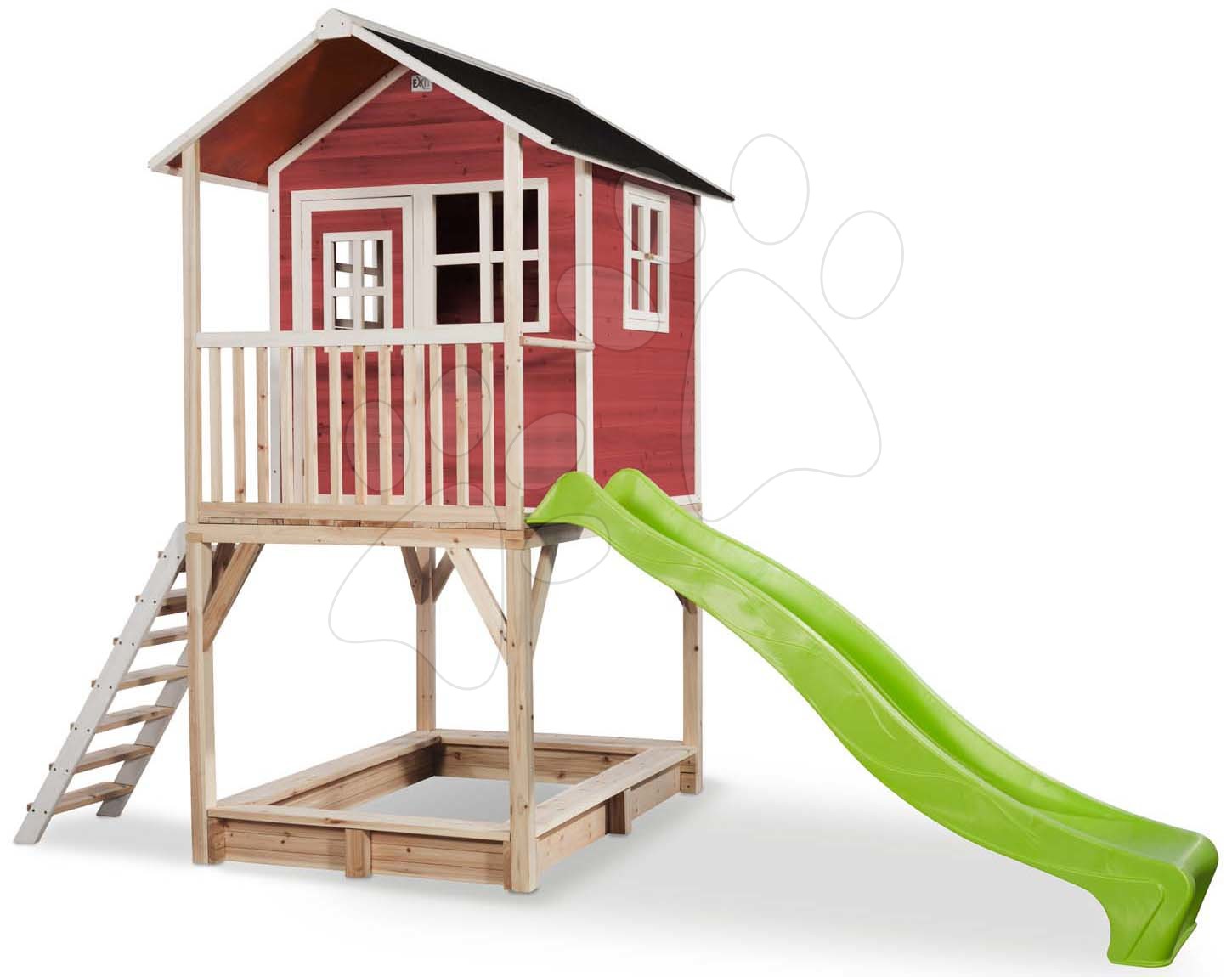 Domček cédrový na pilieroch Loft 700 Red Exit Toys s vodeodolnou strechou pieskoviskom a 2,28 m šmykľavkou červený