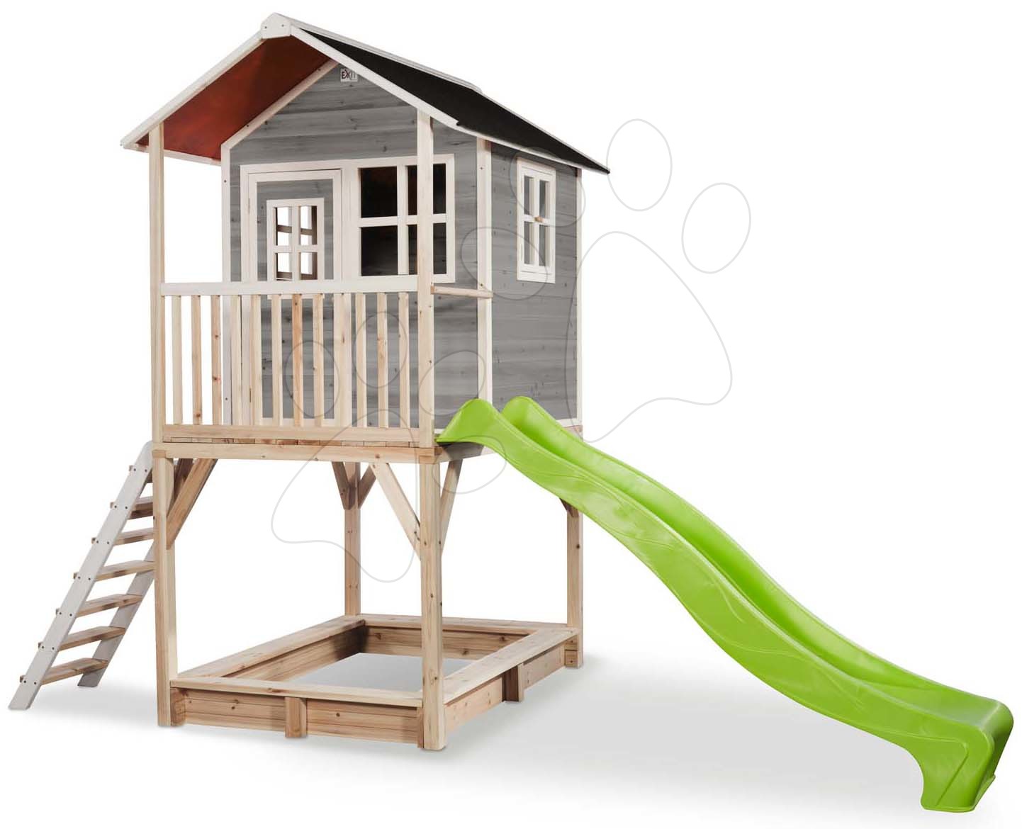 Domček cédrový na pilieroch Loft 700 Grey Exit Toys s vodeodolnou strechou pieskoviskom a 2,28 m šmykľavkou sivý