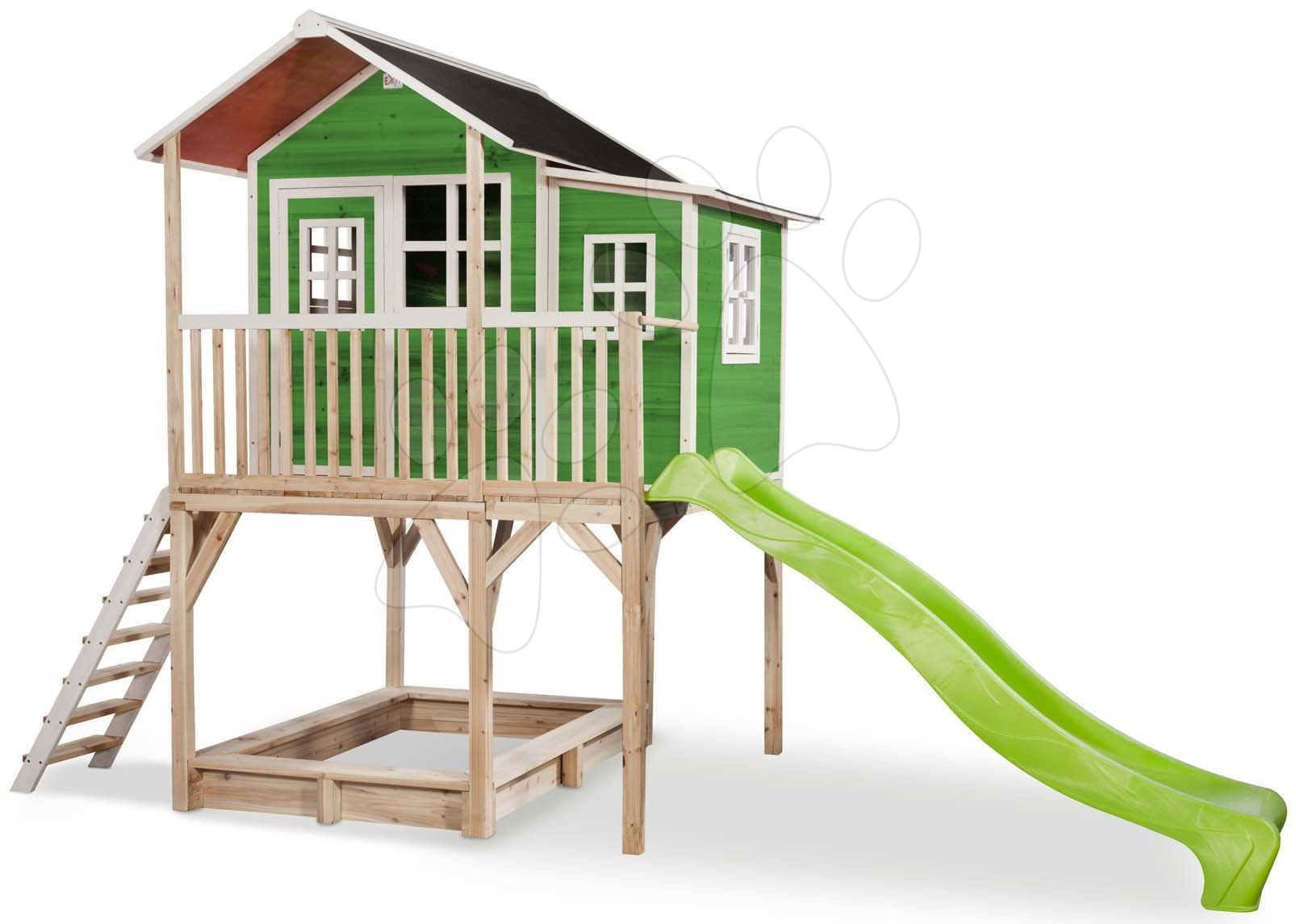 Domček cédrový na pilieroch Loft 750 Green Exit Toys veľký s vodeodolnou strechou pieskoviskom a 2,28 m šmykľavkou zelený