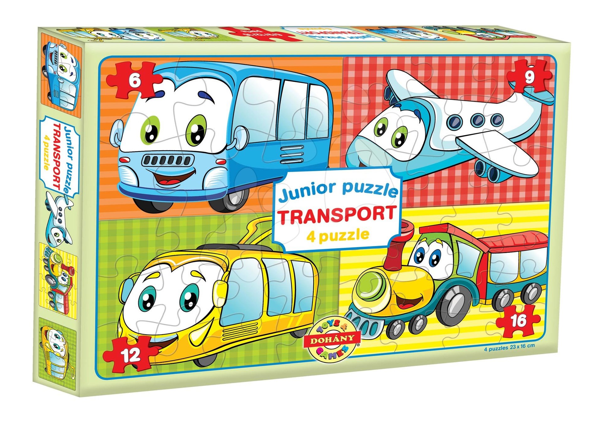 Puzzle pre najmenších - Puzzle Junior Transport 4 Dopravné prostriedky Dohány 6-9-12-16 dielov od 24 mes