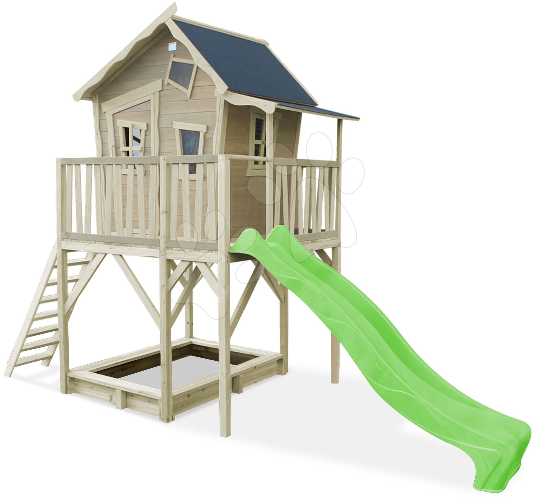 Drevené domčeky - Domček cédrový na pilieroch Crooky 750 Exit Toys s verandou vodeodolnou strechou 2,28 m šmykľavkou a pieskoviskom sivo béžový