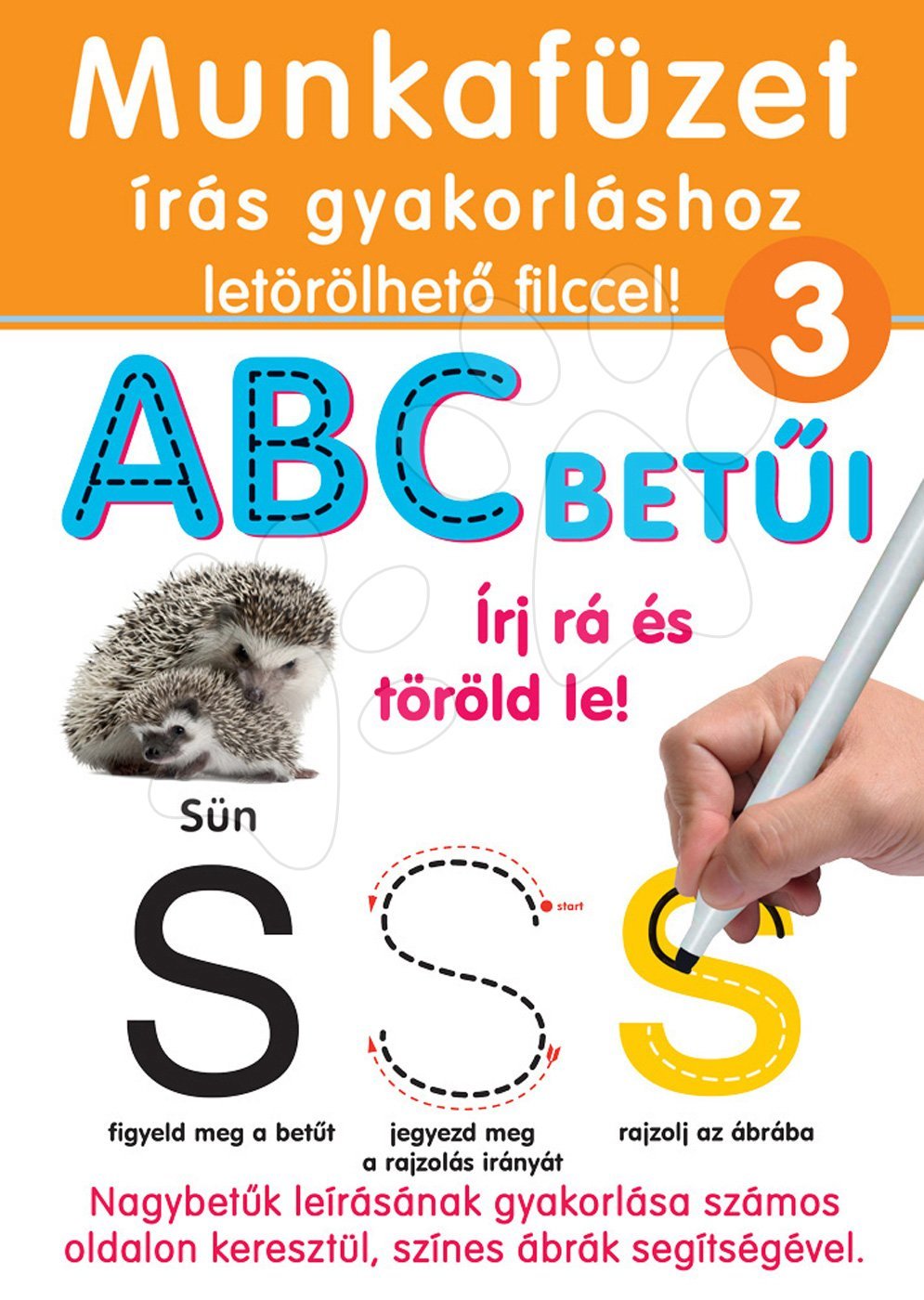 Dohány készségfejlesztő munkafüzet Írj rá és töröld le narancssárga 3-as gyakorlófüzet - ABC gyakorlása ábrákkal 505-3