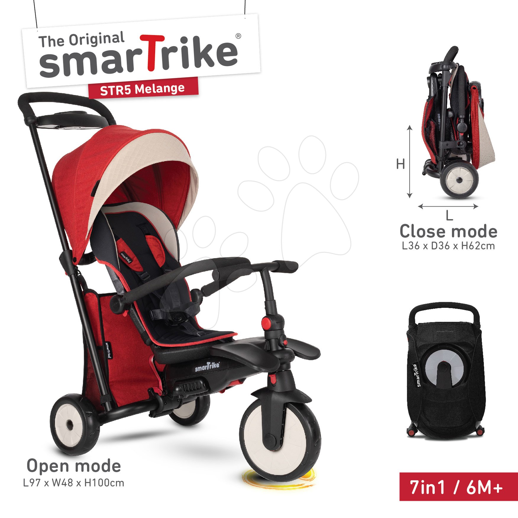 Tricikli összecsukható smarTfold 7in1 Stroller Melange smarTrike 500 TouchSteering piros párnázott EVA kerekekkel 9 hó-tól mint babakocsi