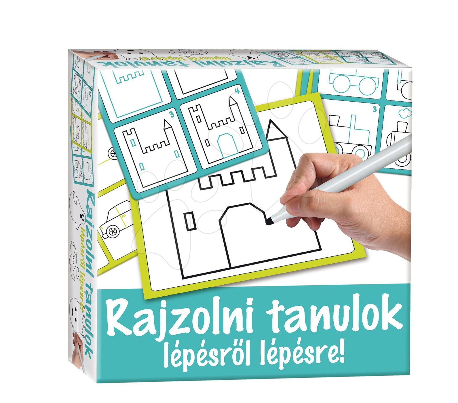 Dohány készségfejlesztő rajztábla Rajzolj rá és töröld le türkízkék - Rajzolni tanulok lépésről lépésre várakat és járgányokat 506-4