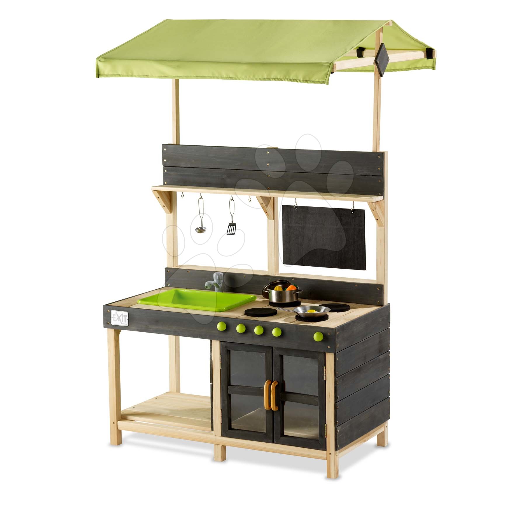 Játékkonyha cédrusból csapteleppel Yummy 300 Outdoor Play Kitchen Exit Toys kültéri tetővel sütővel és konyhai eszközökkel 24 hó-tól