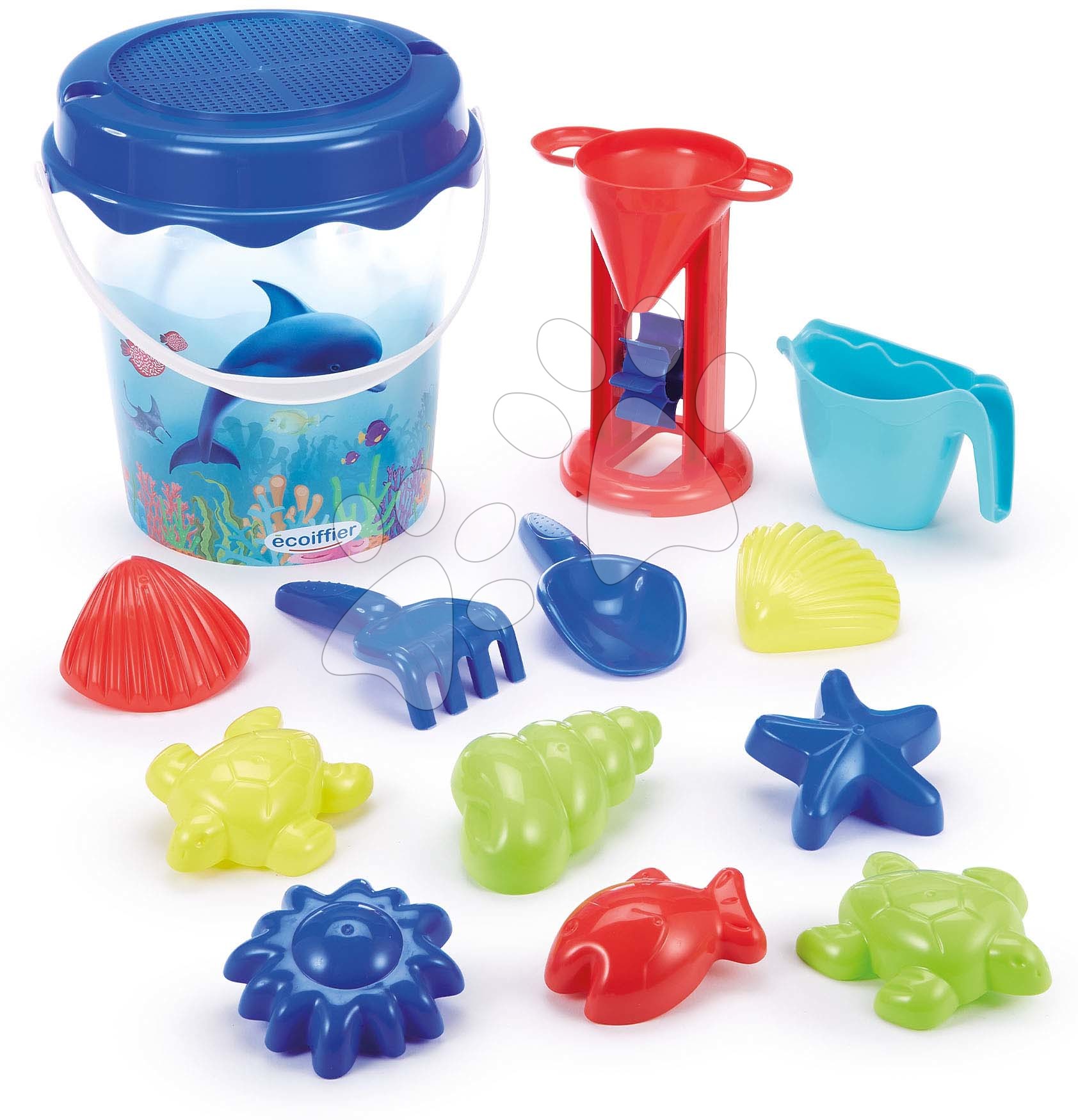 Kbelík set Delfín Bucket Dolphin Écoiffier 21 cm výška průsvitný s 12 doplňky od 18 měsíců