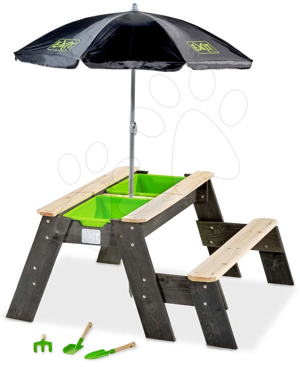 Drevené pieskoviská - Pieskovisko cédrové stôl na vodu a piesok Aksent sand&water table Exit Toys piknikové so slnečníkom lavicou a krytom s doplnkami