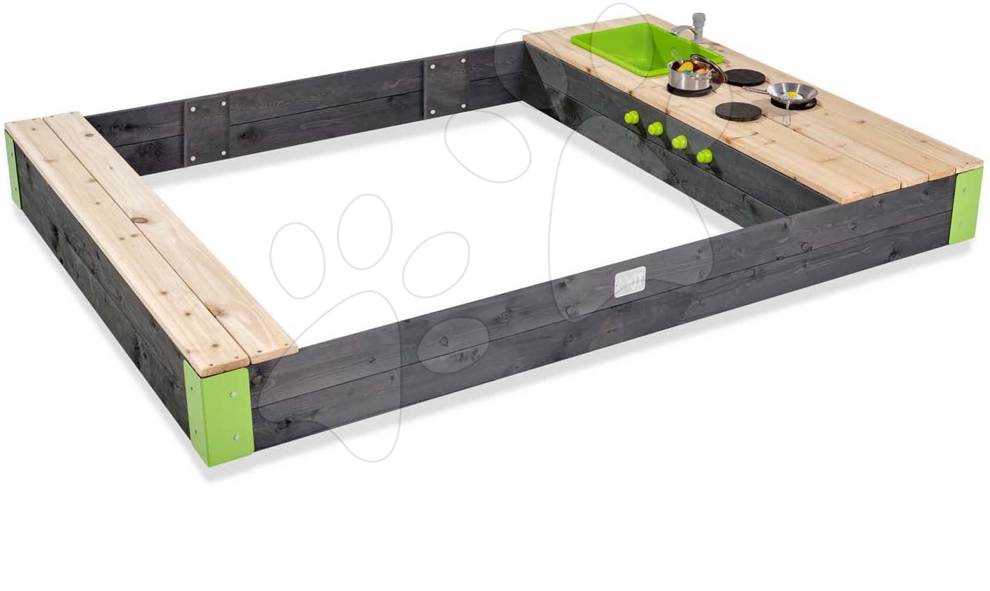 Pískoviště cedrové s kuchyňkou s tekoucí vodou Aksent Sandpit Kitchen Exit Toys extra velké s kuchyňským náčiním 200*140 cm