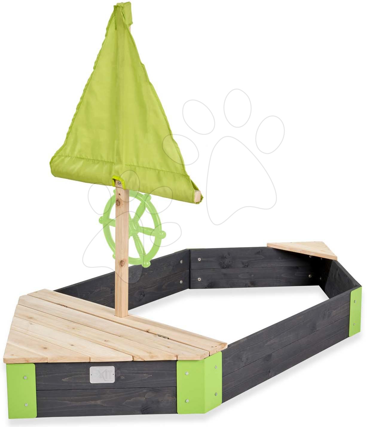 Homokozó hajó kormánnyal cédrusból Aksent Boat Sandpit Exit Toys árbóc vitorlával és tárolóhellyel 190*90 cm