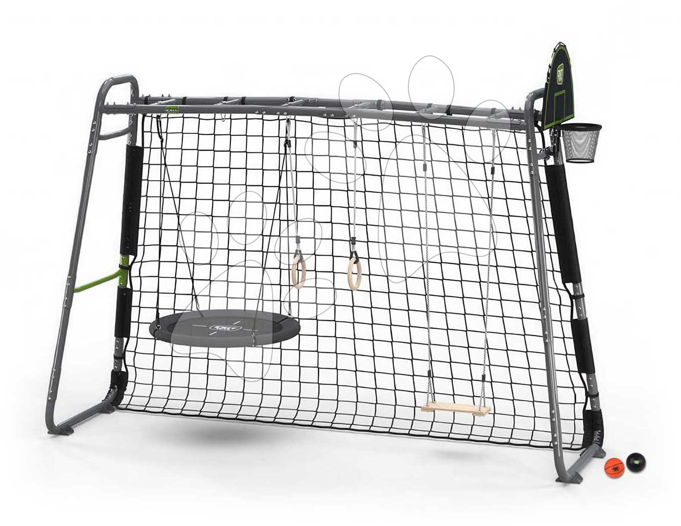 Multifunkčné fitness centrum s futbalovou sieťou GetSet Monkeybar MB305 Grey Exit Toys s gymnastickými kruhmi basketbalom a hojdačkami oceľová konštrukcia