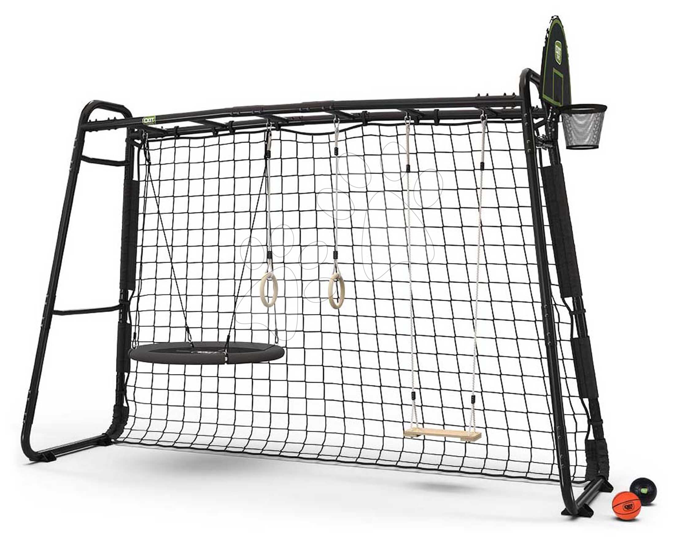 E-shop Multifunkčné fitness centrum s futbalovou sieťou GetSet Monkeybar MB305 Black Exit Toys s gymnastickými kruhmi basketbalom a hojdačkami oceľová konštrukcia ET54300550