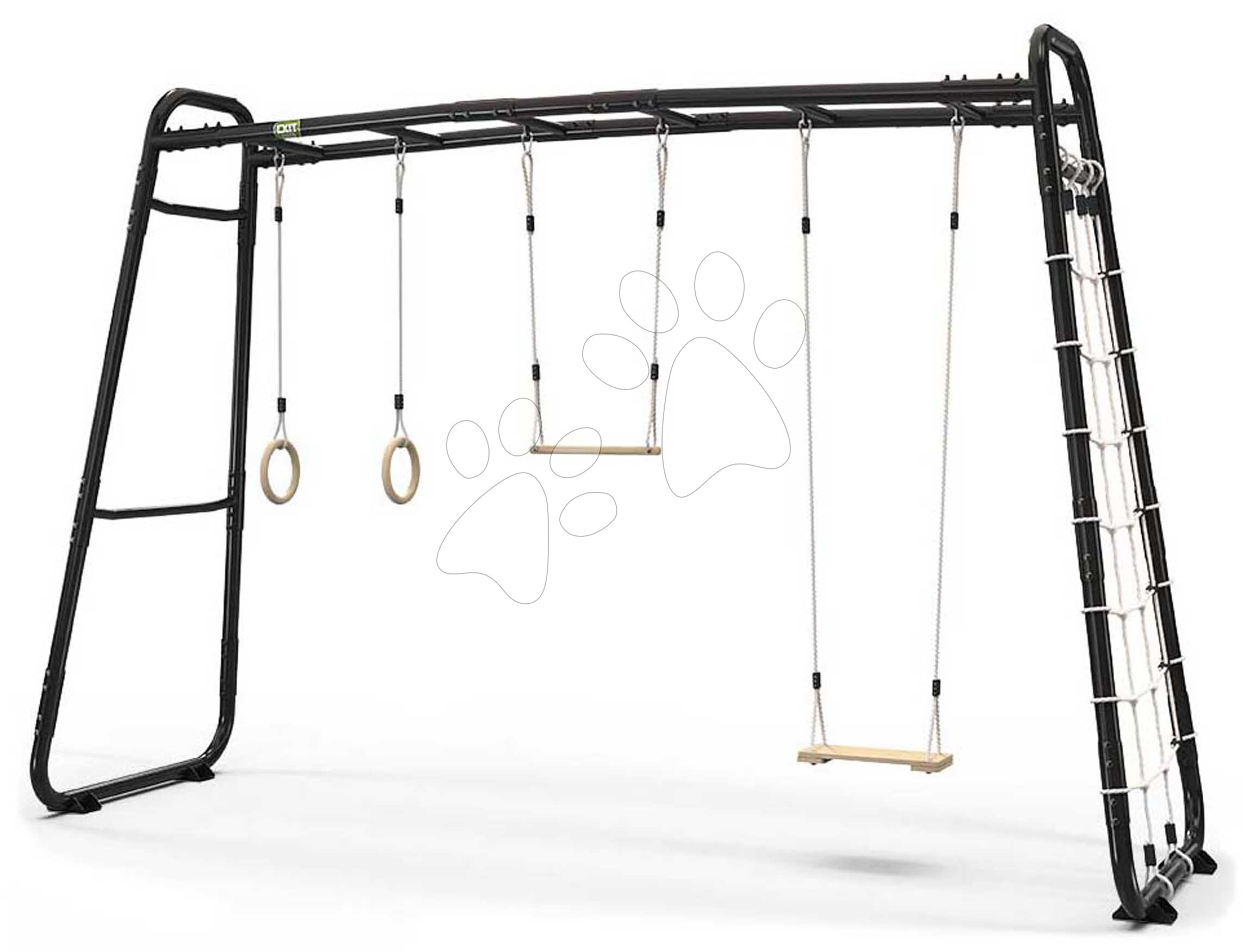 E-shop Multifunkčné fitness centrum GetSet Monkeybar MB310 Black Exit Toys rozšíriteľné s gymnastickými kruhmi hojdačkou hrazdou a sieťou na šplhanie ET54301050