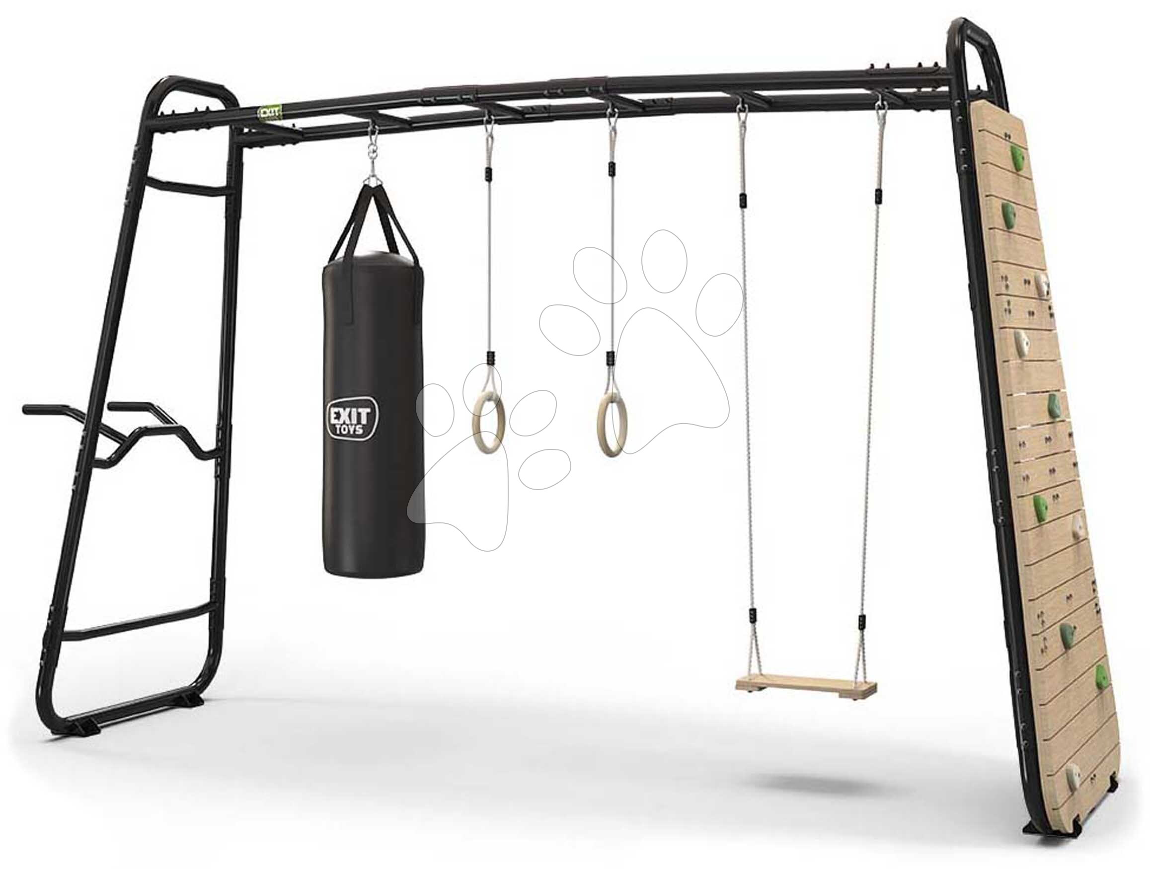 Többfunkciós fitneszközpont GetSet Monkeybar MB320 Black Exit Toys tornagyűrűkkel boxzsákkal mászófallal hinával korlátokkal és tovább bővíthető