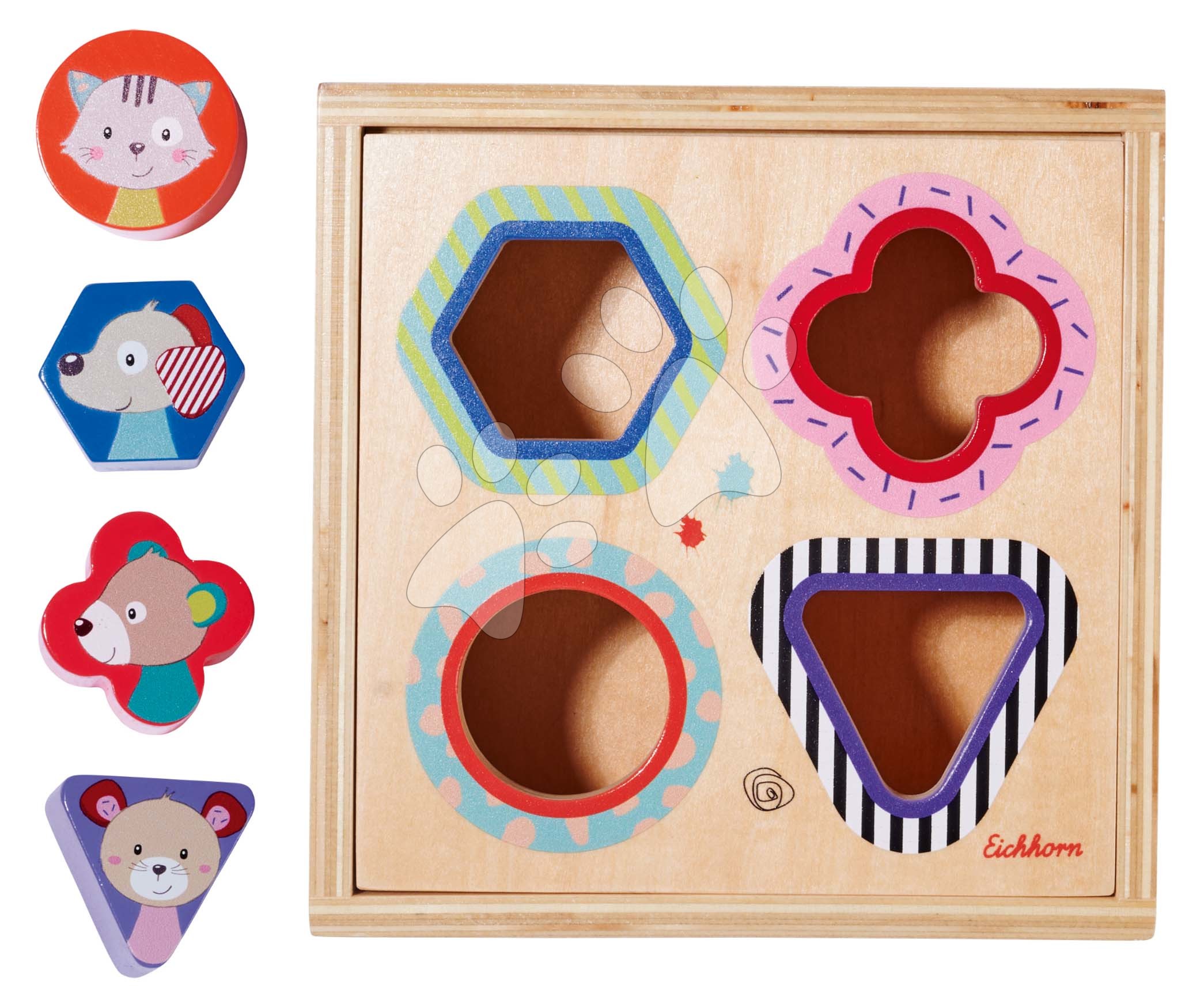 Drevená vkladačka Shape Sorter Box Friends Eichhorn so 4 kockami s motívom zvieratiek od 12 mes