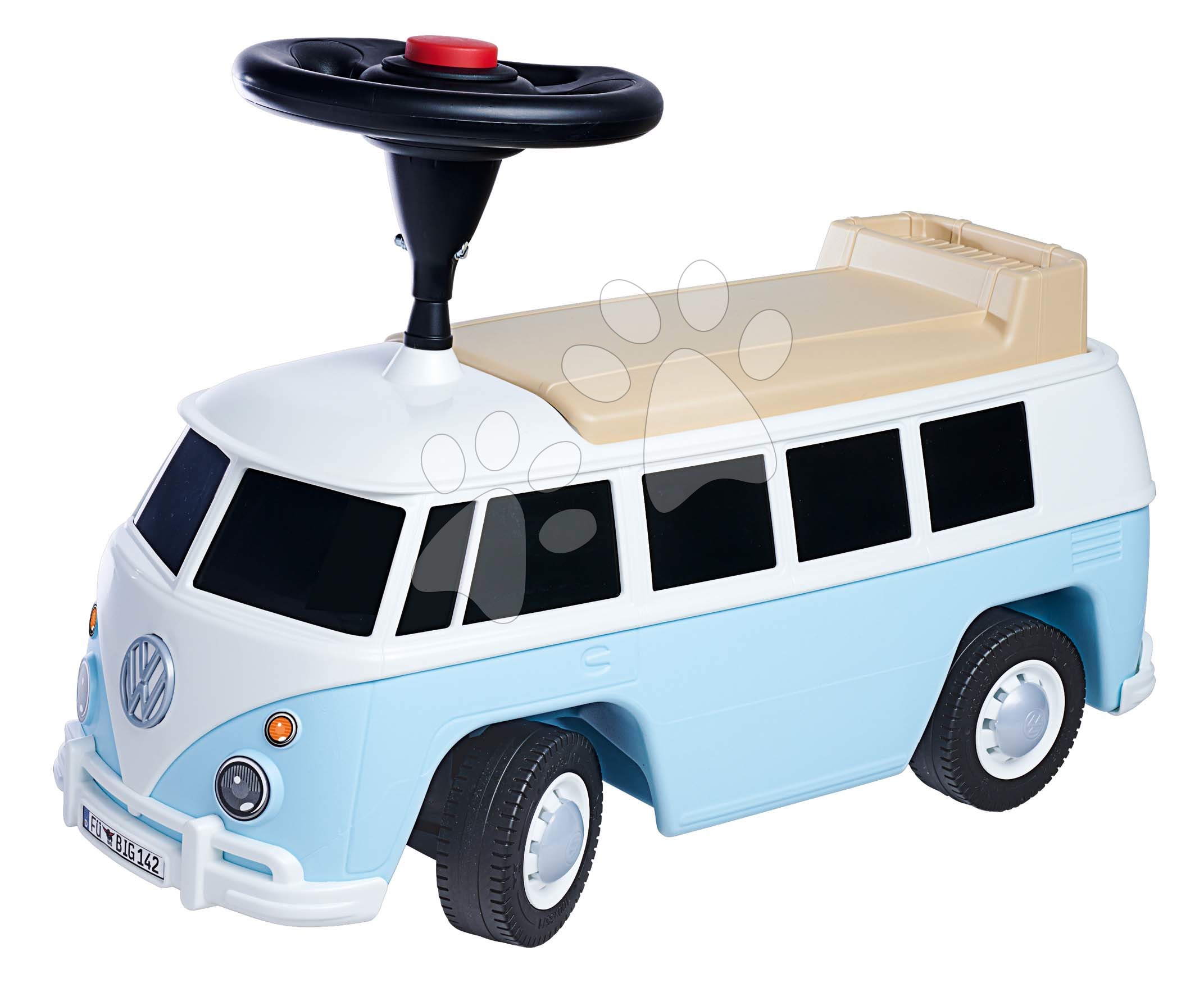 E-shop Odrážadlo minibus so zvukom Baby Volkswagen T1 Blue BIG s reálnym dizajnom a odkladacím priečinkom od 18 mes