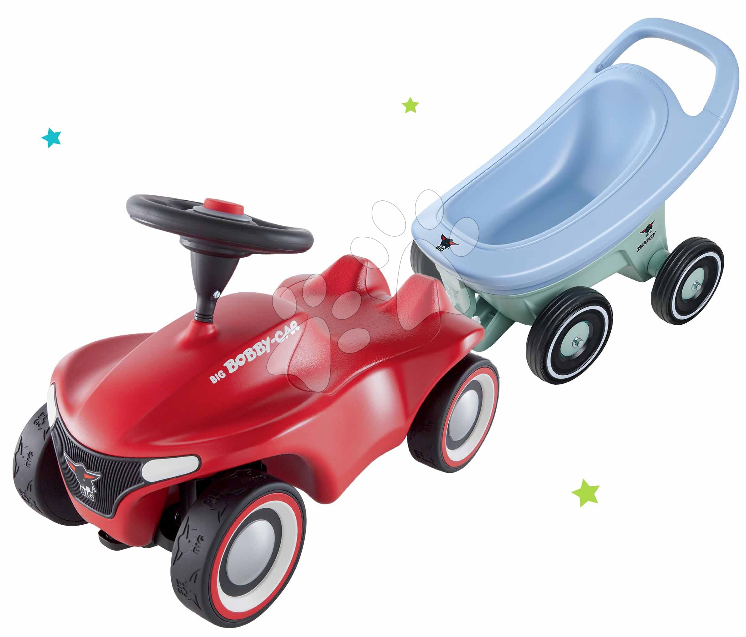 Set odrážedlo Bobby Car Neo BIG červené zvukové s 3vrstvými gumovými koly a přívěs Buggy 3v1 s funkcemi