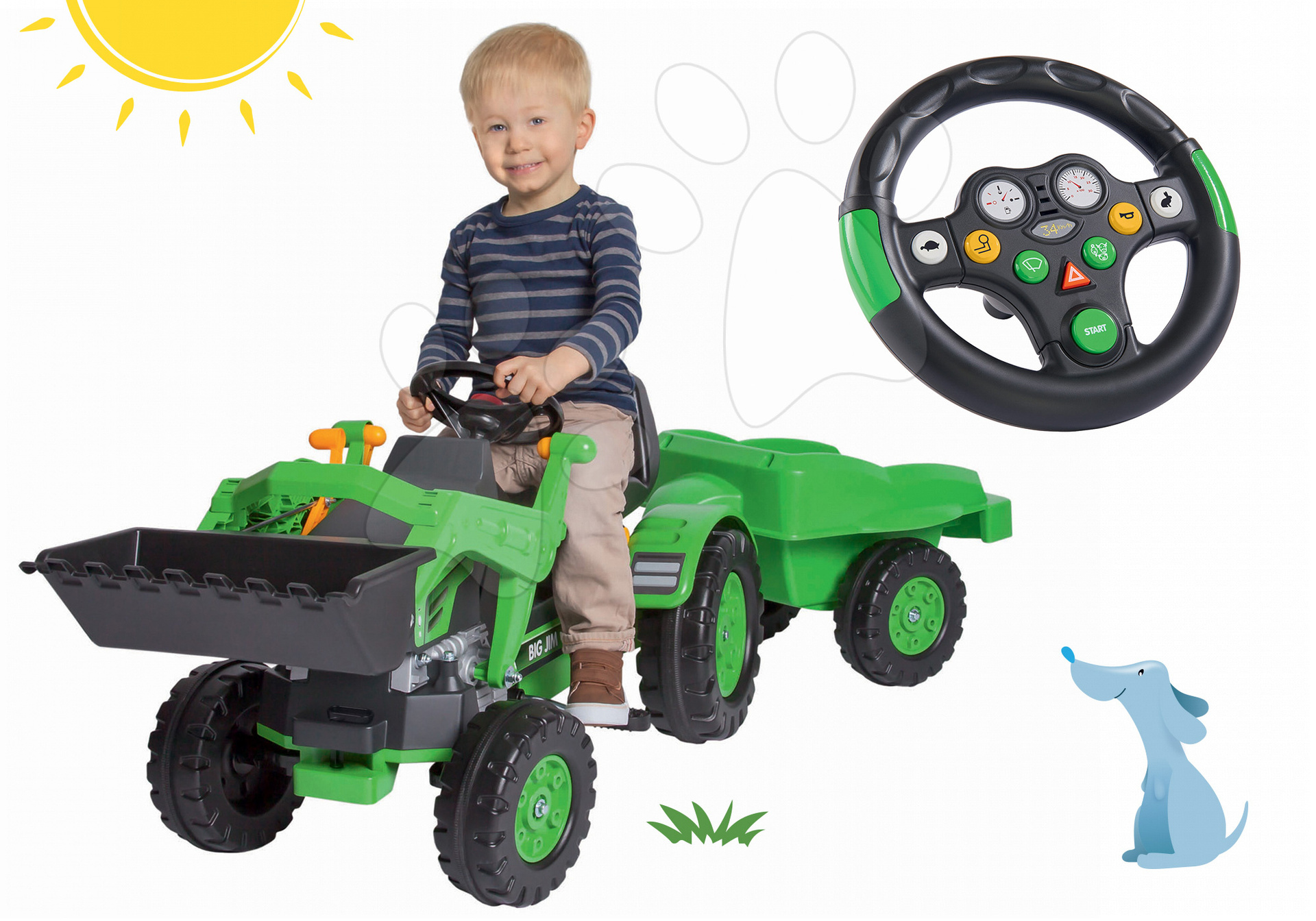 Detské šliapacie vozidlá - Set traktor na šliapanie Jim Loader BIG s nakladačom a prívesom a interaktívny volant so zvukom